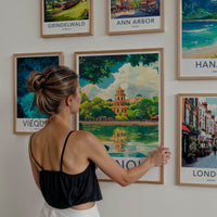 Hanoi Poster - Vietnam Travel Art - Temple Lake Reflection Home Decor