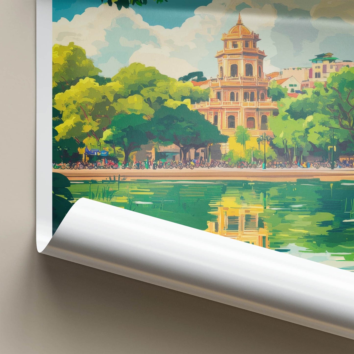 Hanoi Poster - Vietnam Travel Art - Temple Lake Reflection Home Decor