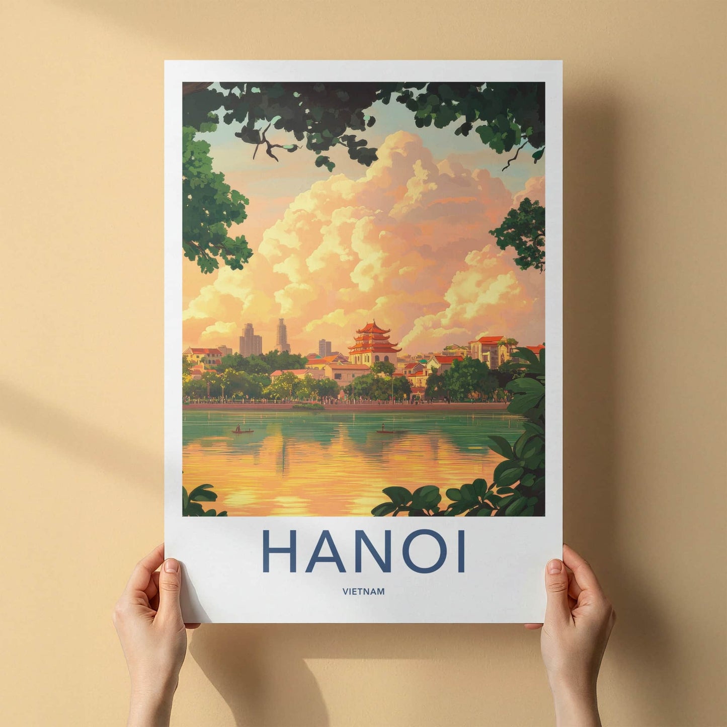 Hanoi Poster - Vietnam Travel Art - Temple Lake Sunset Home Decor