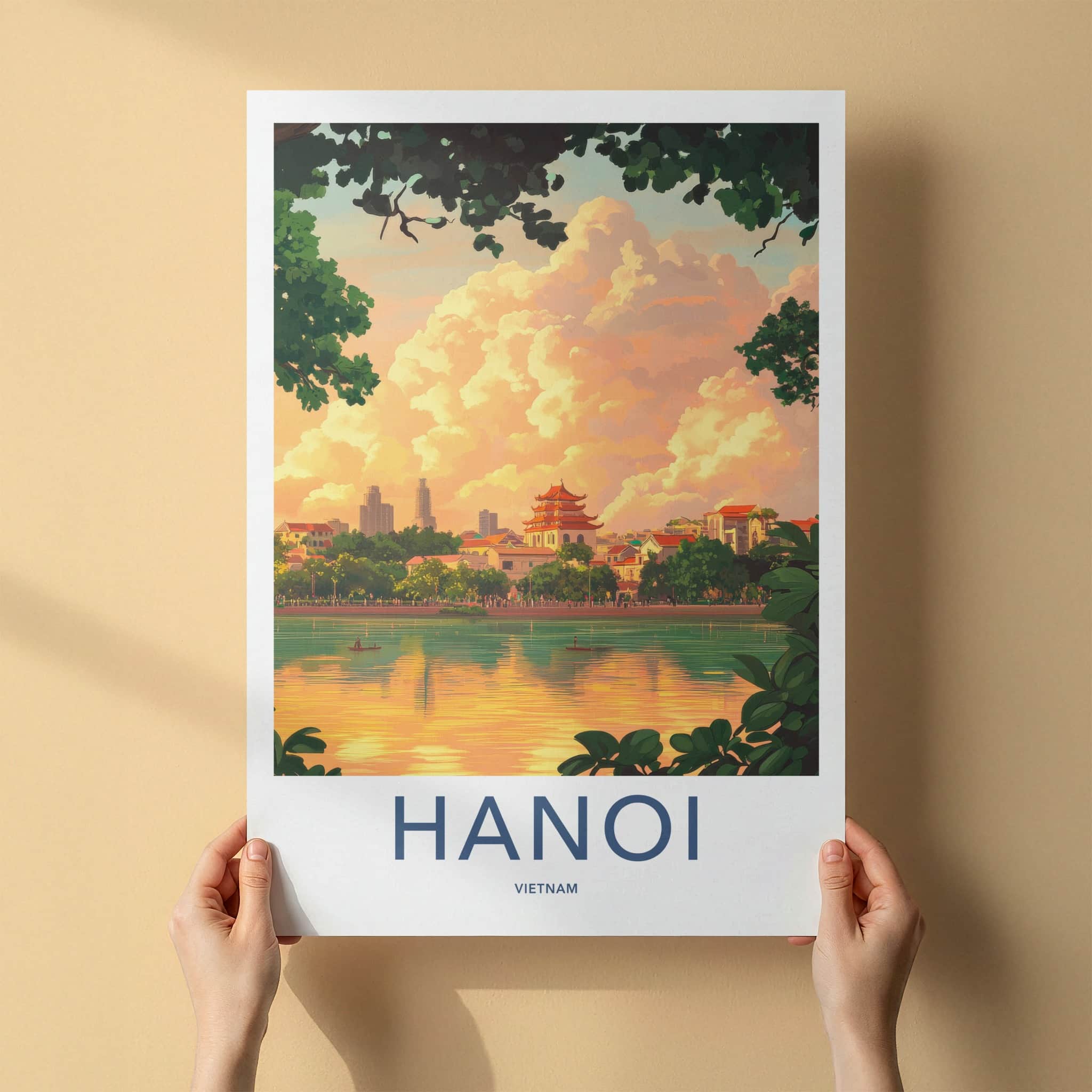 Hanoi Poster - Vietnam Travel Art - Temple Lake Sunset Home Decor
