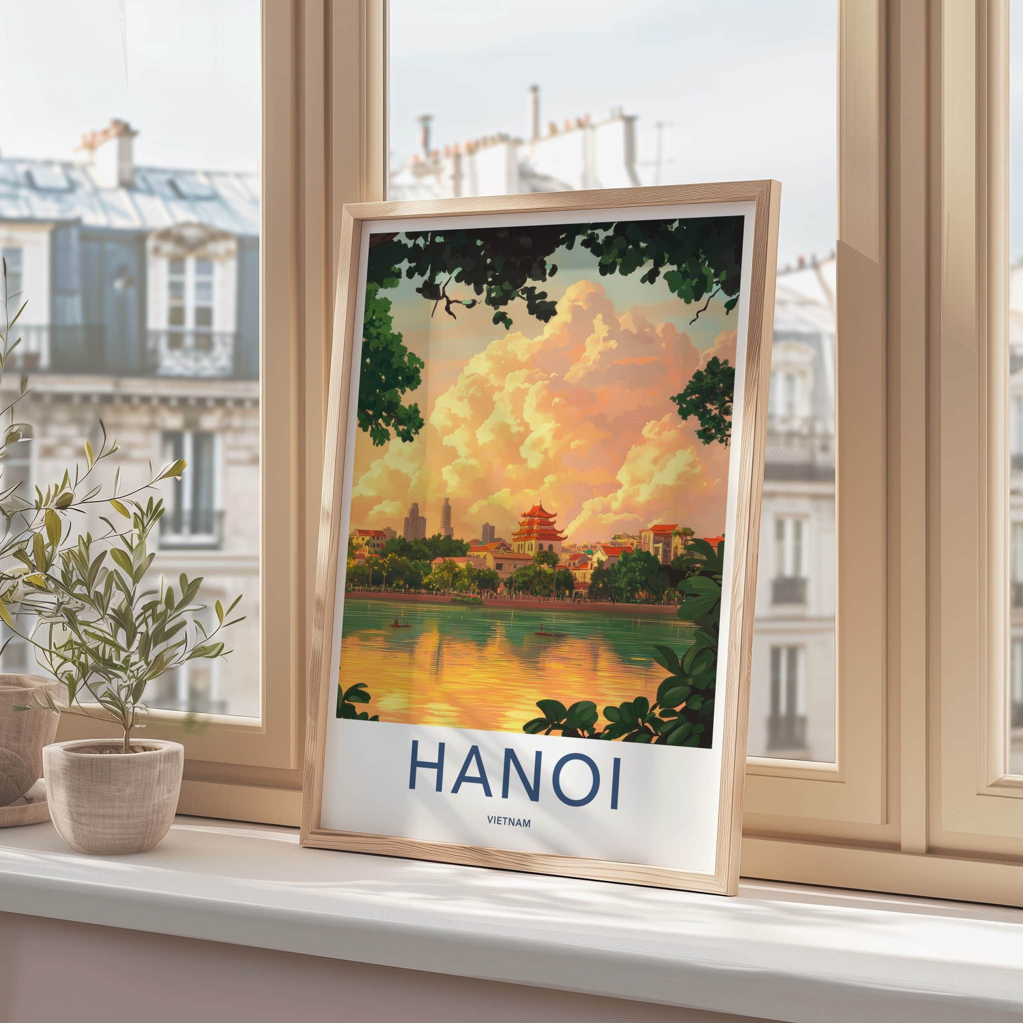 Hanoi Poster - Vietnam Travel Art - Temple Lake Sunset Home Decor