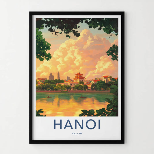Hanoi Poster - Vietnam Travel Art - Temple Lake Sunset Home Decor