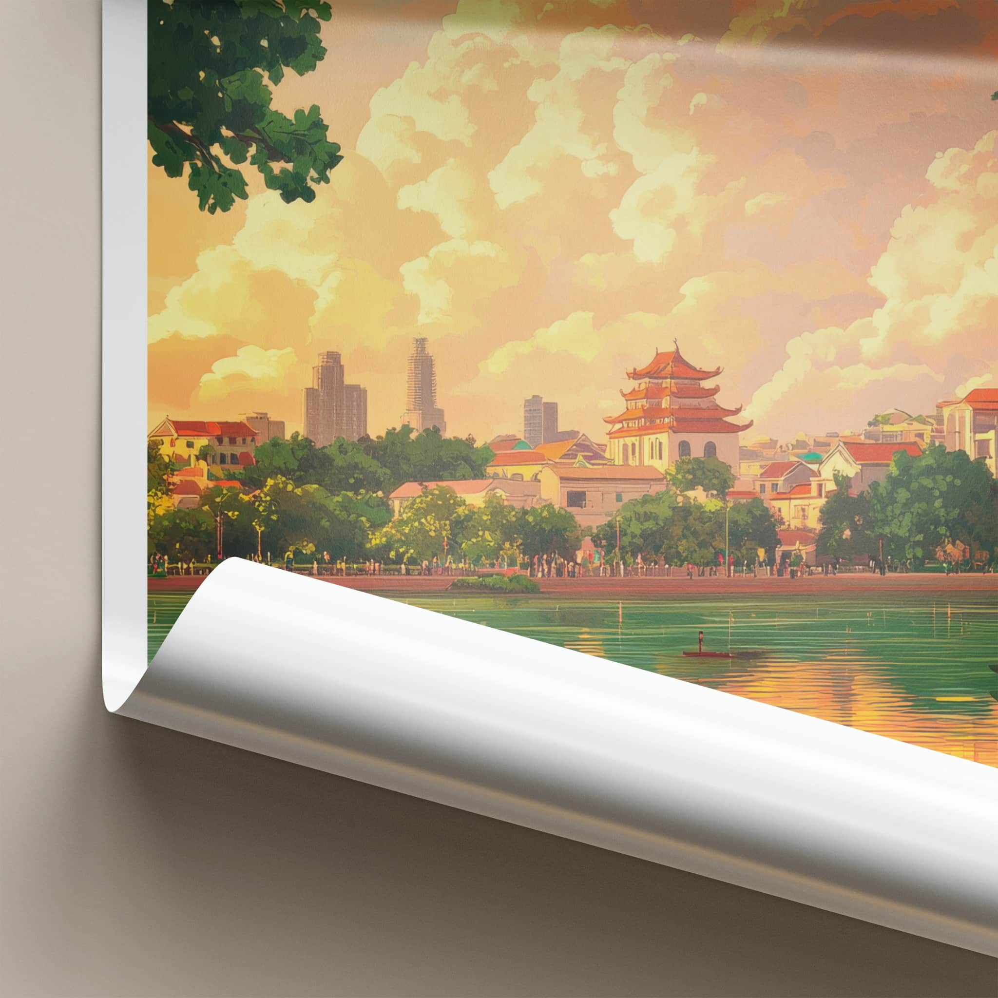 Hanoi Poster - Vietnam Travel Art - Temple Lake Sunset Home Decor