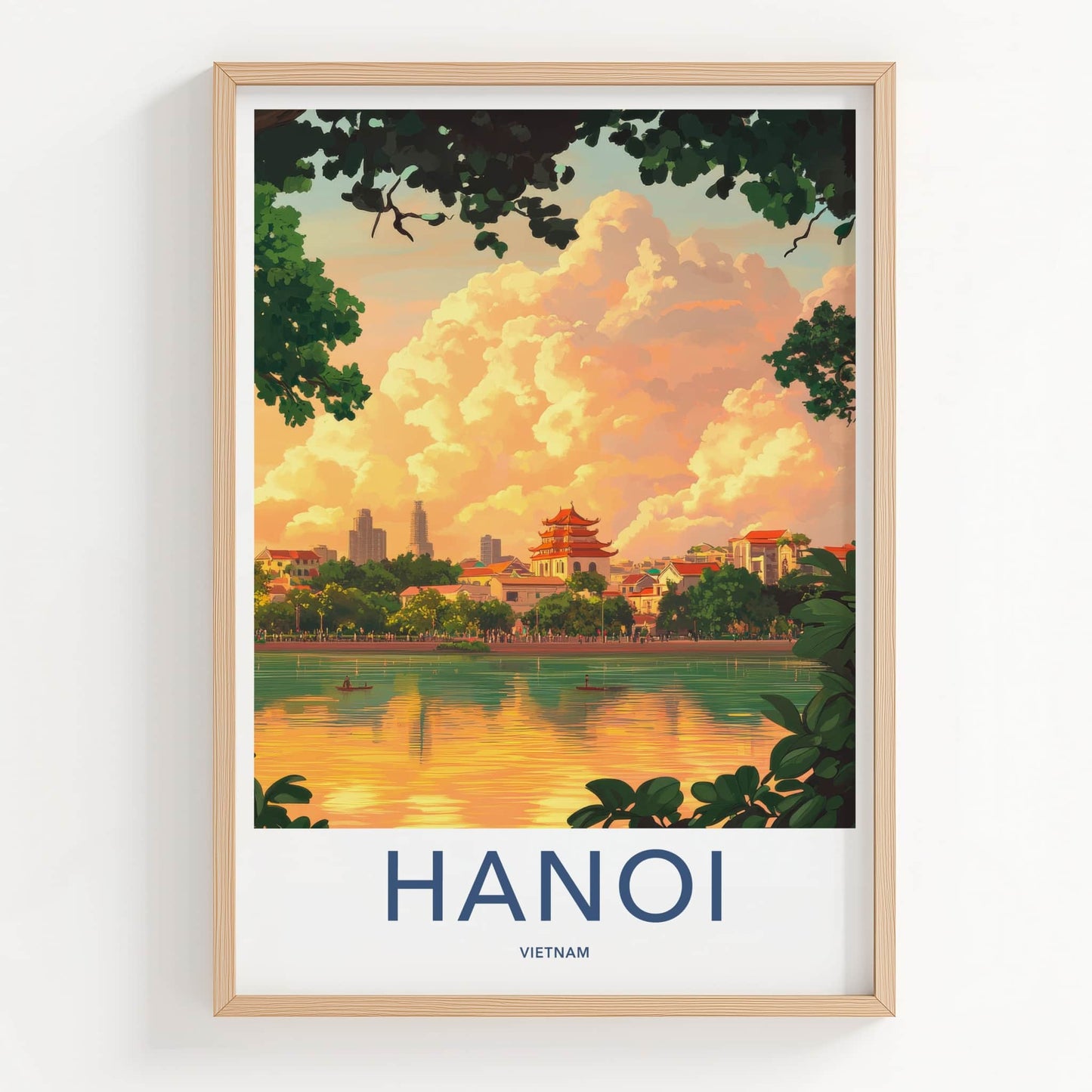 Hanoi Poster - Vietnam Travel Art - Temple Lake Sunset Home Decor
