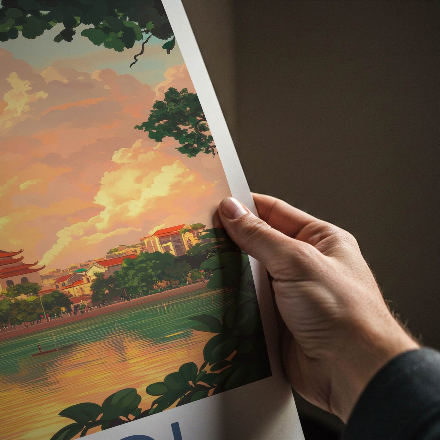 Hanoi Poster - Vietnam Travel Art - Temple Lake Sunset Home Decor