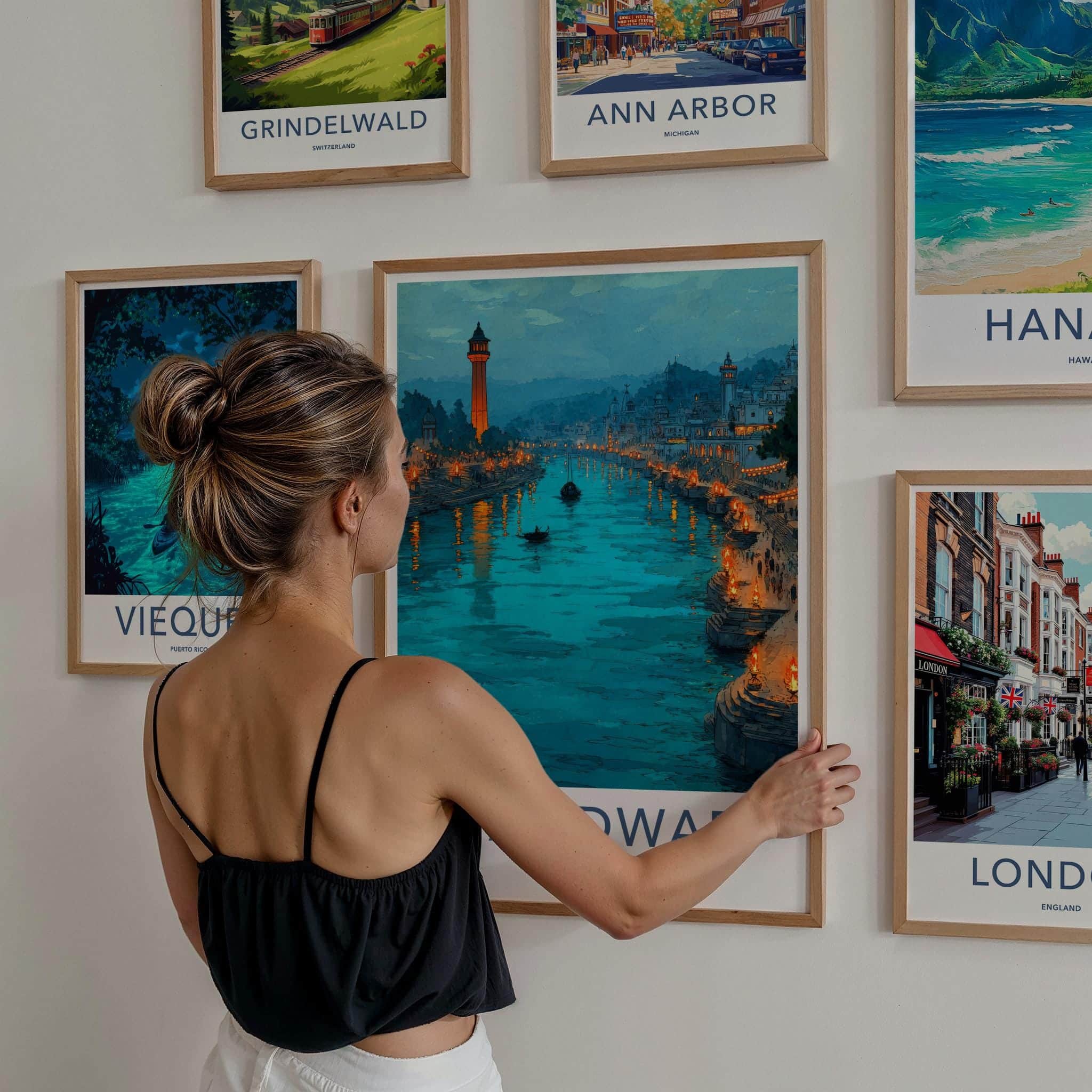 Haridwar Poster - India Travel Art - Uttarakhand Ganges Lit Ghats Home Decor