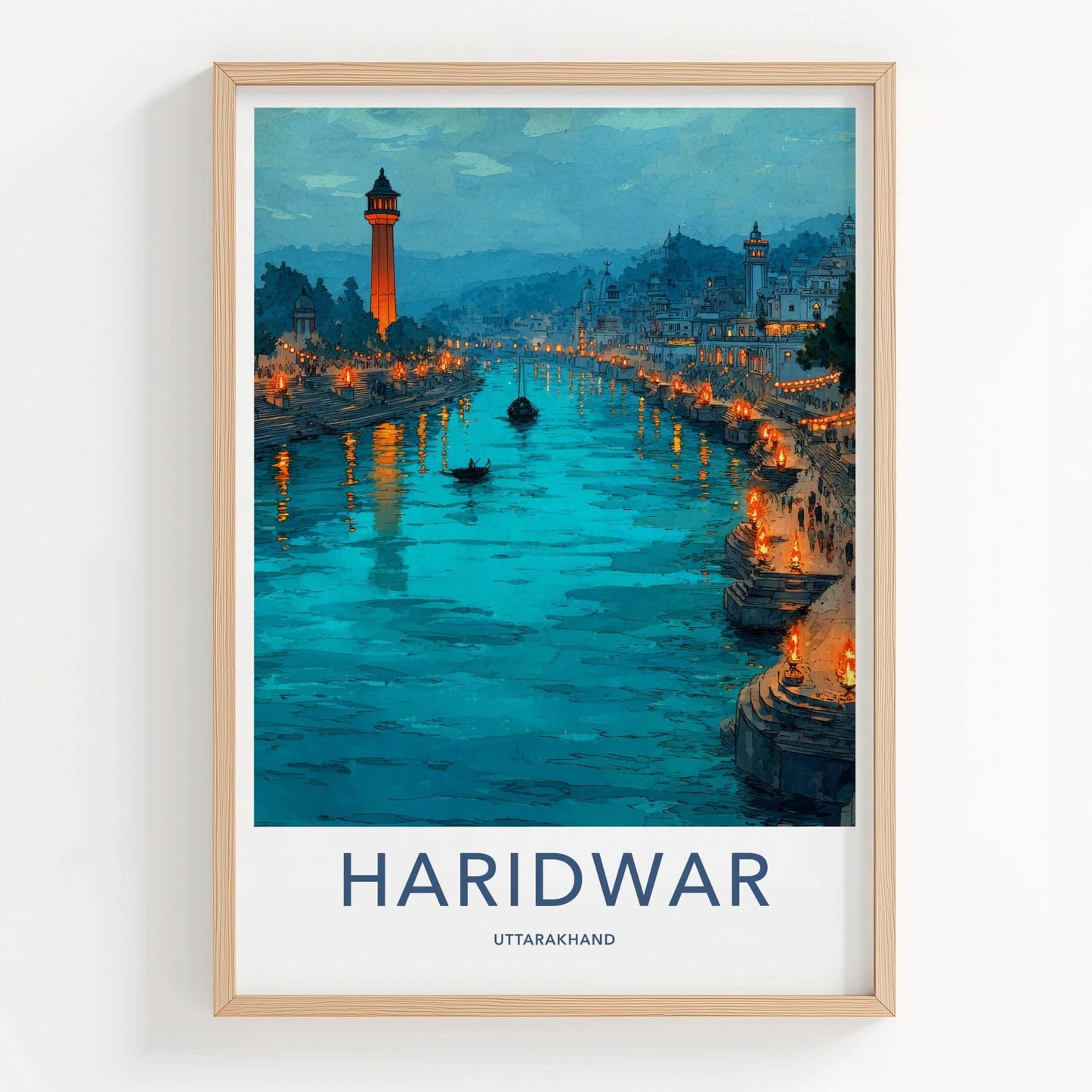Haridwar Poster - India Travel Art - Uttarakhand Ganges Lit Ghats Home Decor