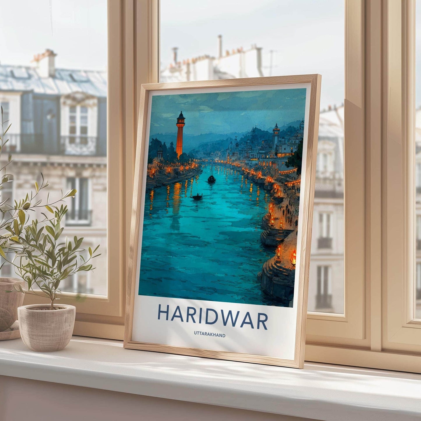 Haridwar Poster - India Travel Art - Uttarakhand Ganges Lit Ghats Home Decor