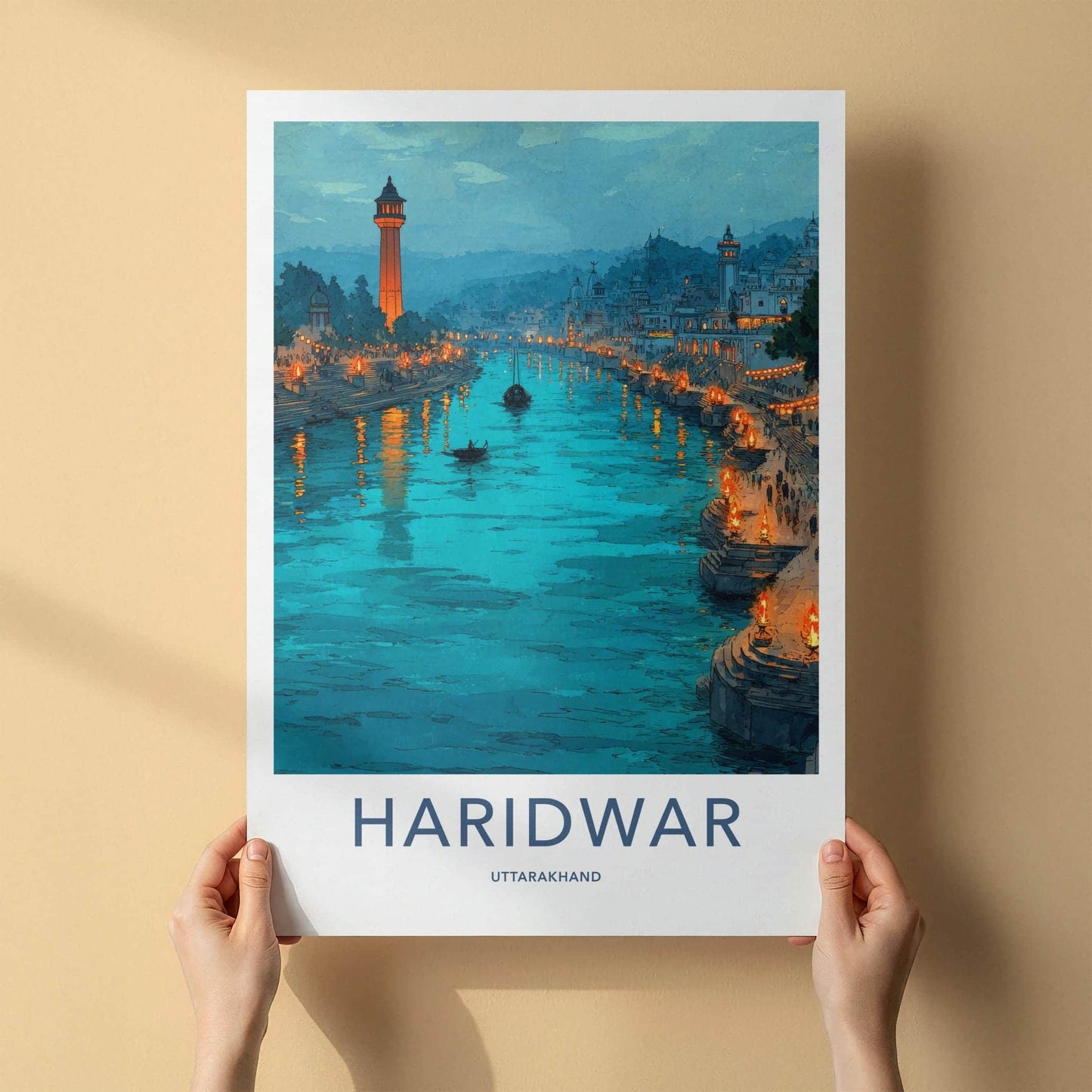 Haridwar Poster - India Travel Art - Uttarakhand Ganges Lit Ghats Home Decor