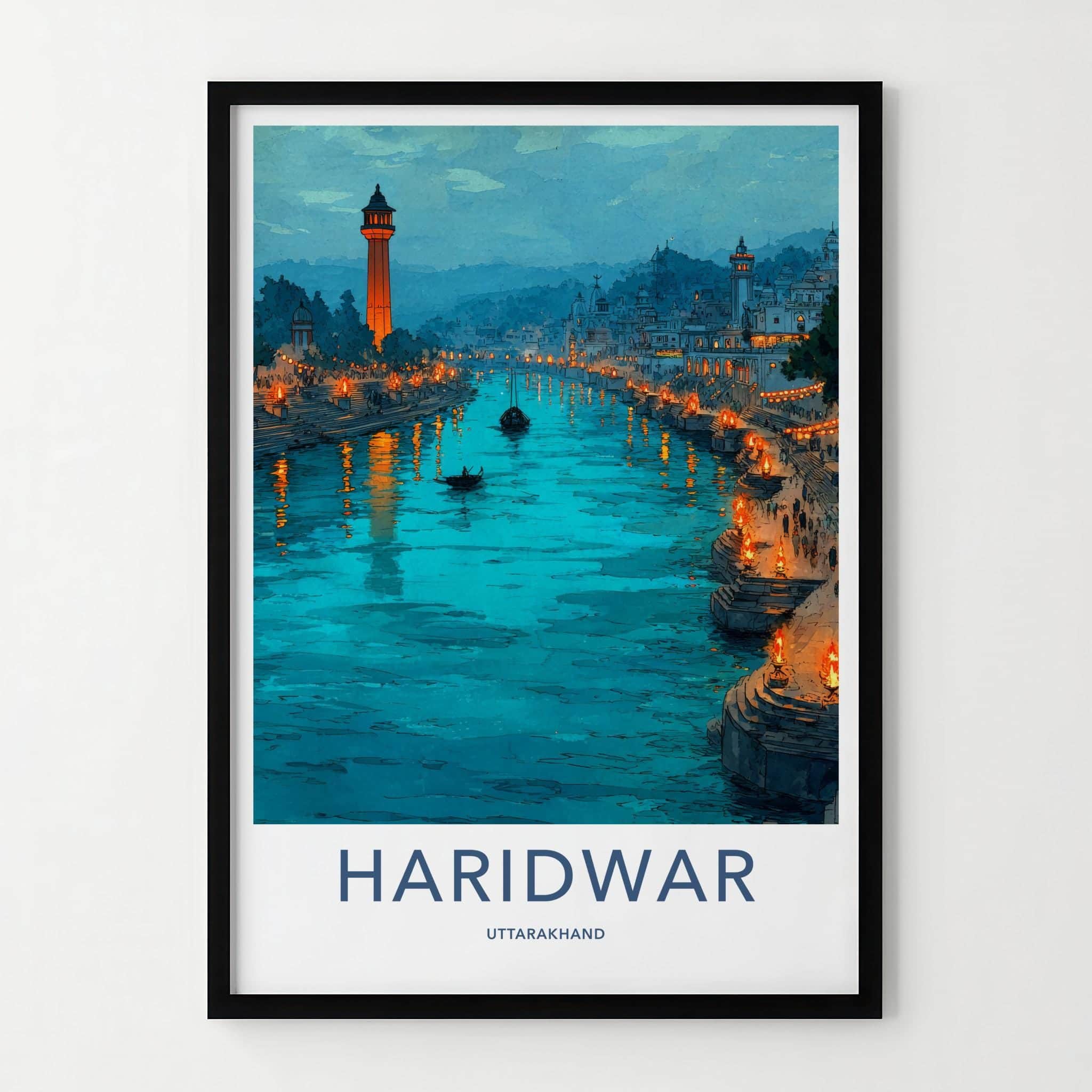 Haridwar Poster - India Travel Art - Uttarakhand Ganges Lit Ghats Home Decor