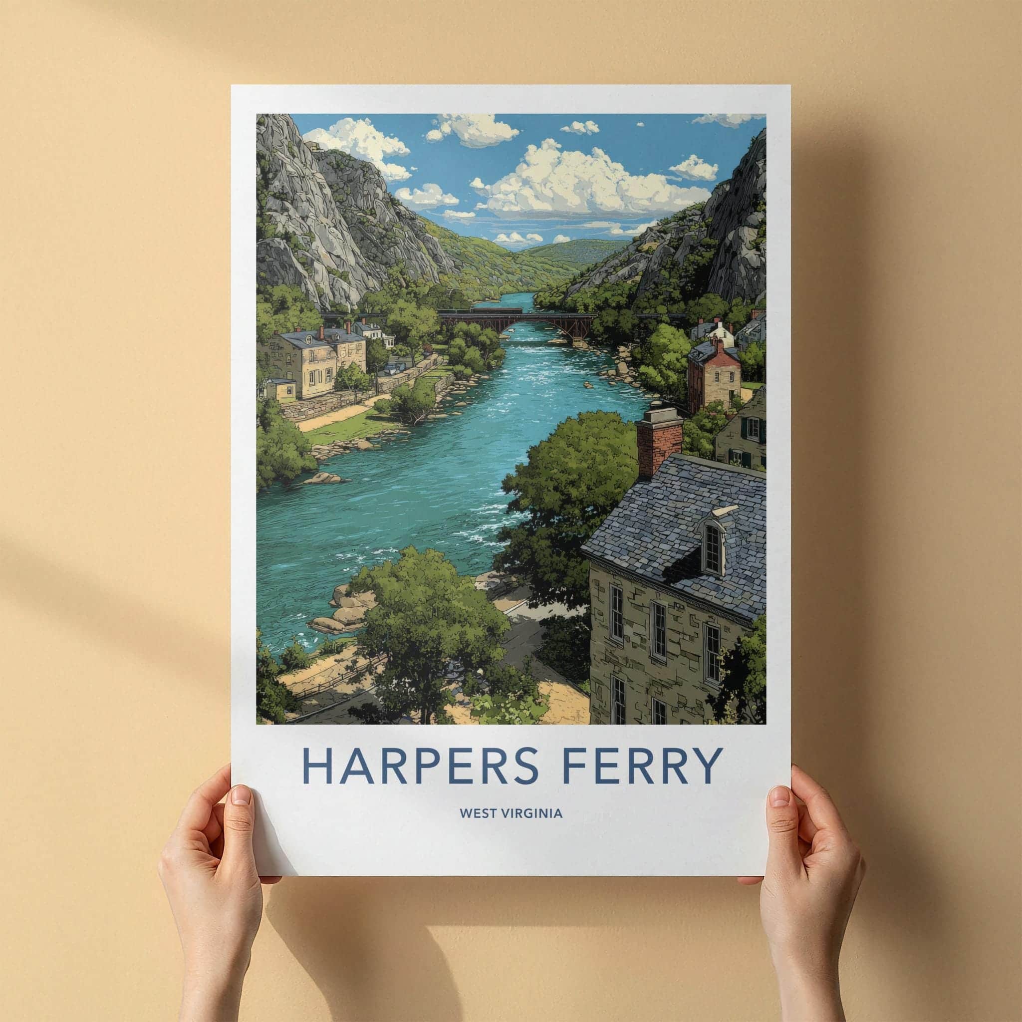 Harpers Ferry Poster - West Virginia Scenic Art - Historic River Town Wall Decor
