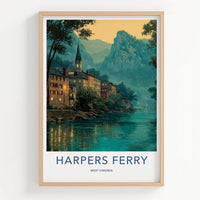 Harpers Ferry Poster - West Virginia Travel Art - Lit Up River Town Wall Decor