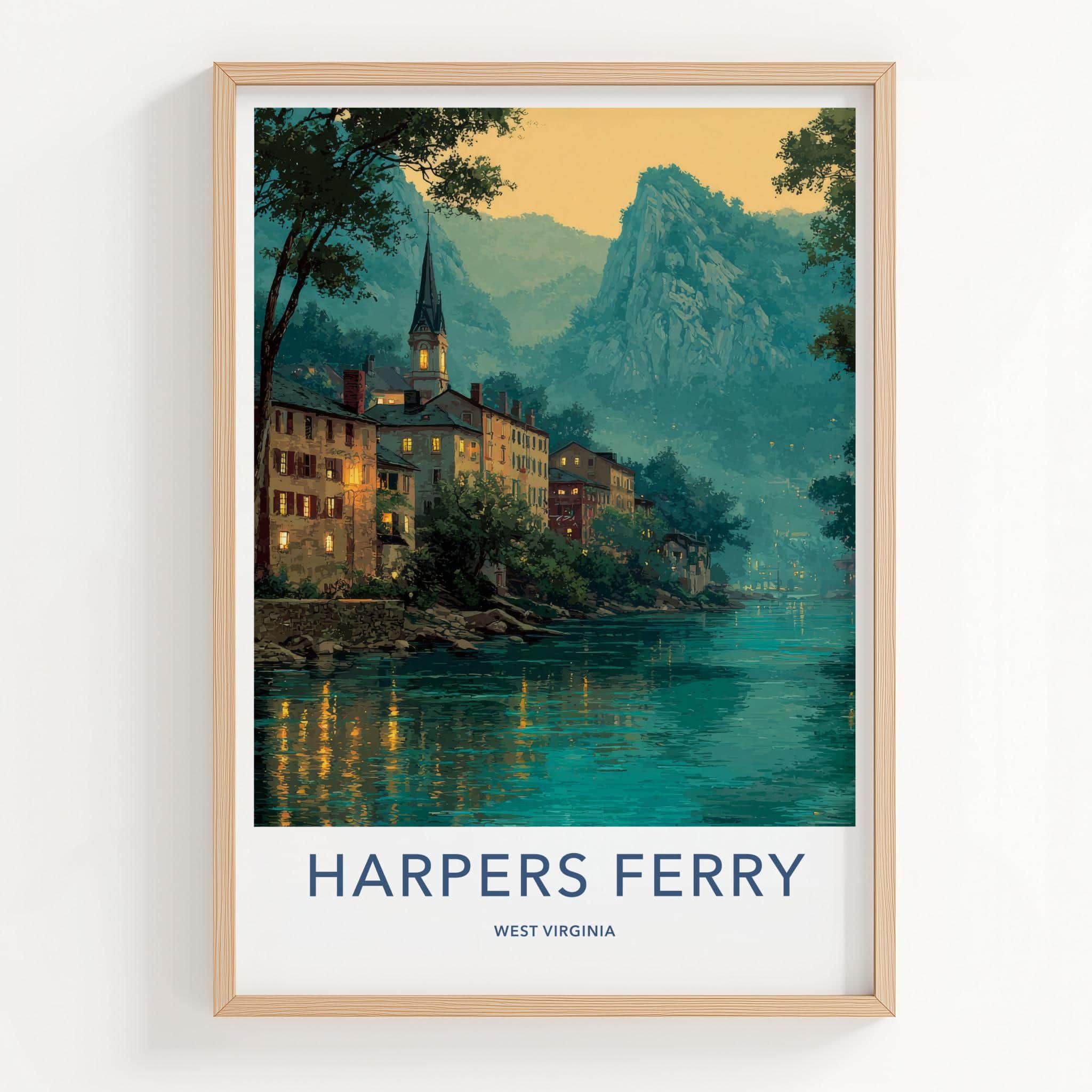 Harpers Ferry Poster - West Virginia Travel Art - Lit Up River Town Wall Decor