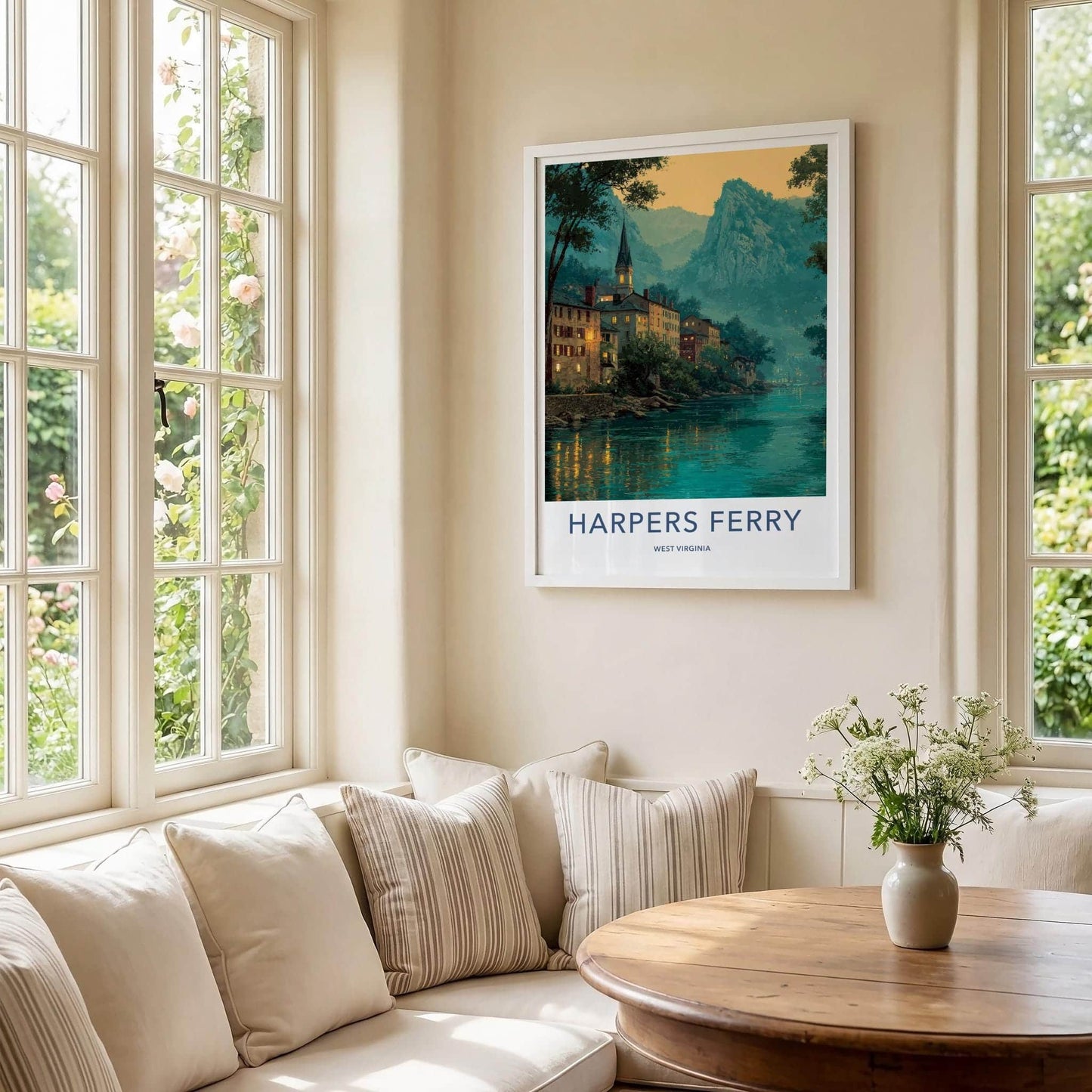 Harpers Ferry Poster - West Virginia Travel Art - Lit Up River Town Wall Decor
