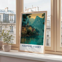 Harpers Ferry Poster - West Virginia Travel Art - Lit Up River Town Wall Decor