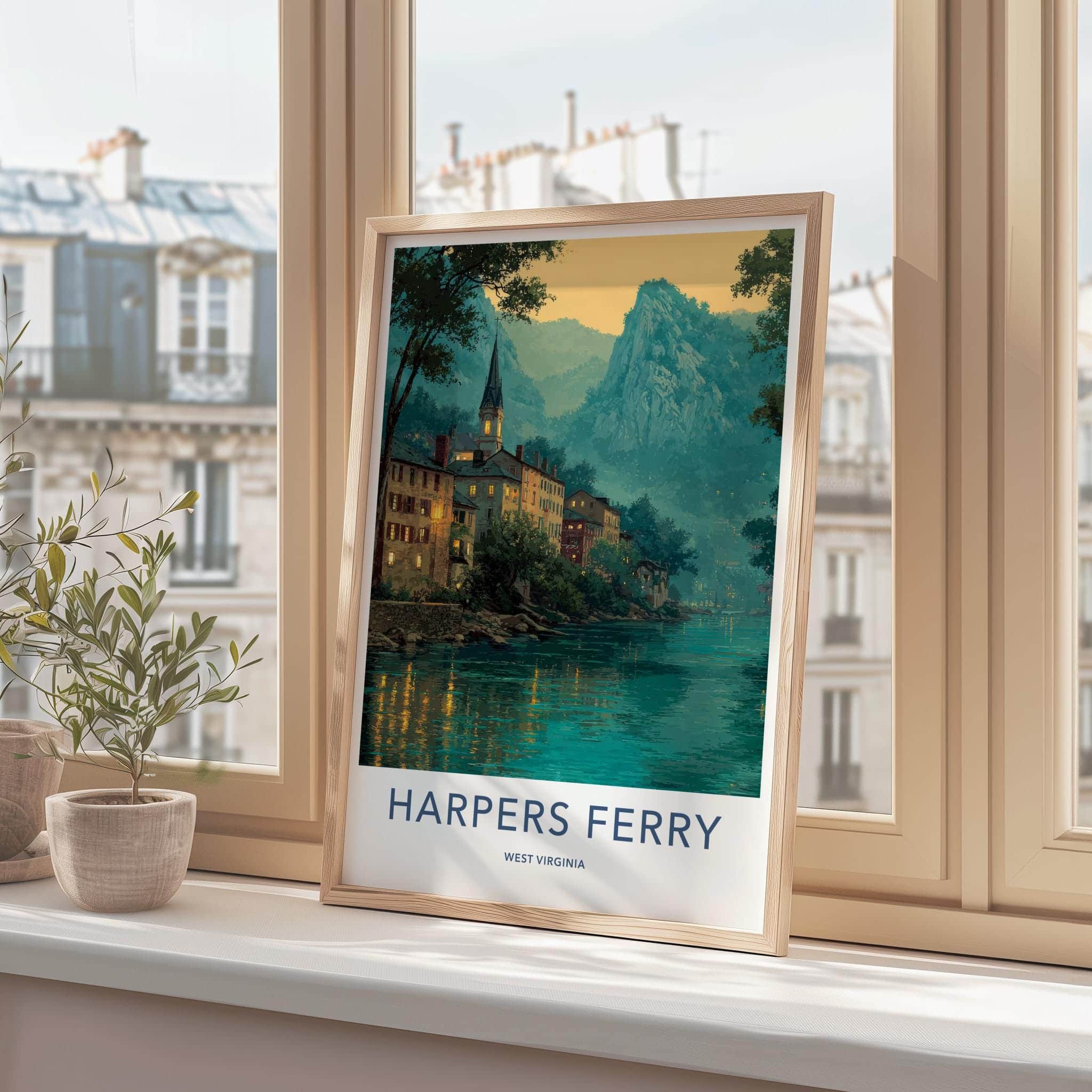 Harpers Ferry Poster - West Virginia Travel Art - Lit Up River Town Wall Decor