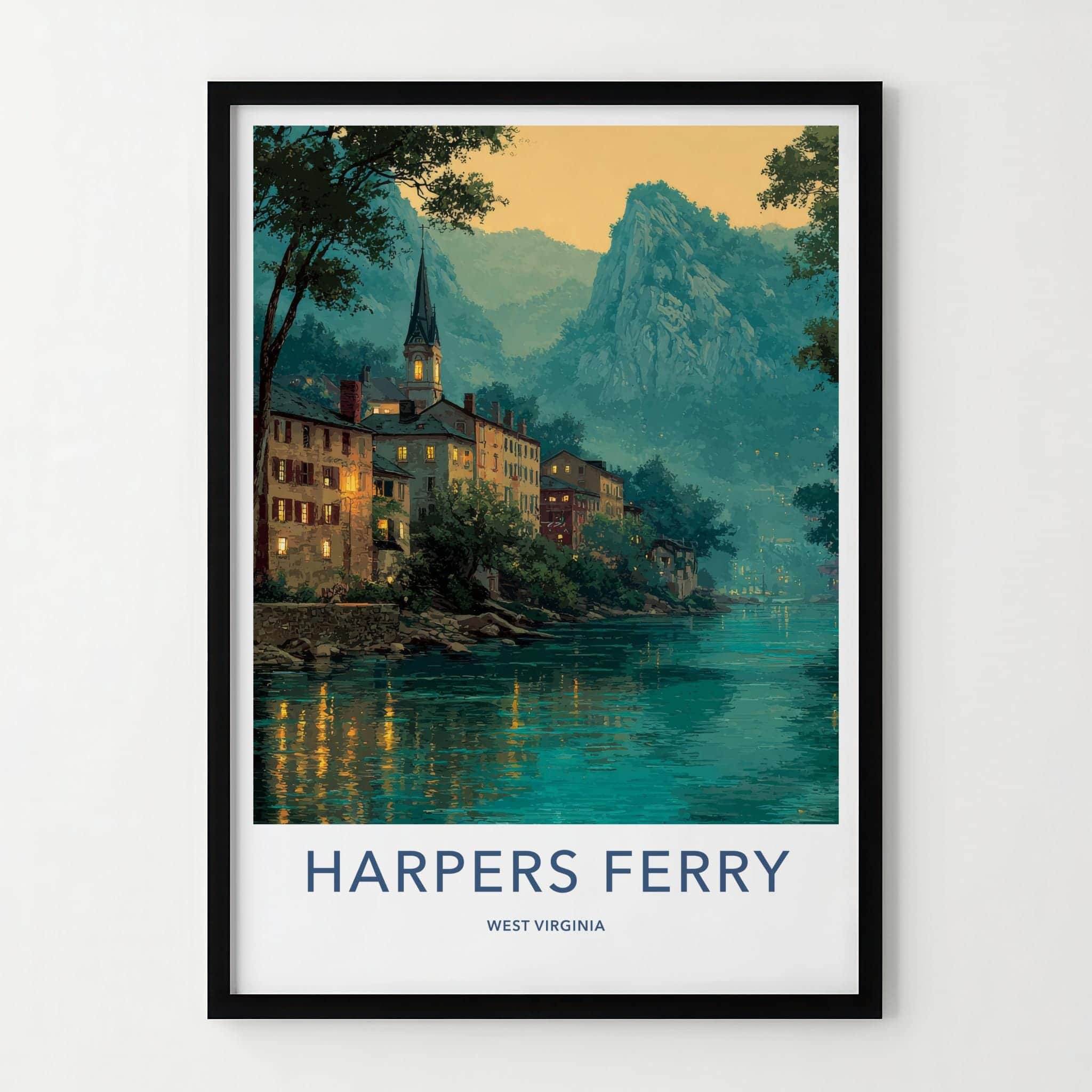 Harpers Ferry Poster - West Virginia Travel Art - Lit Up River Town Wall Decor