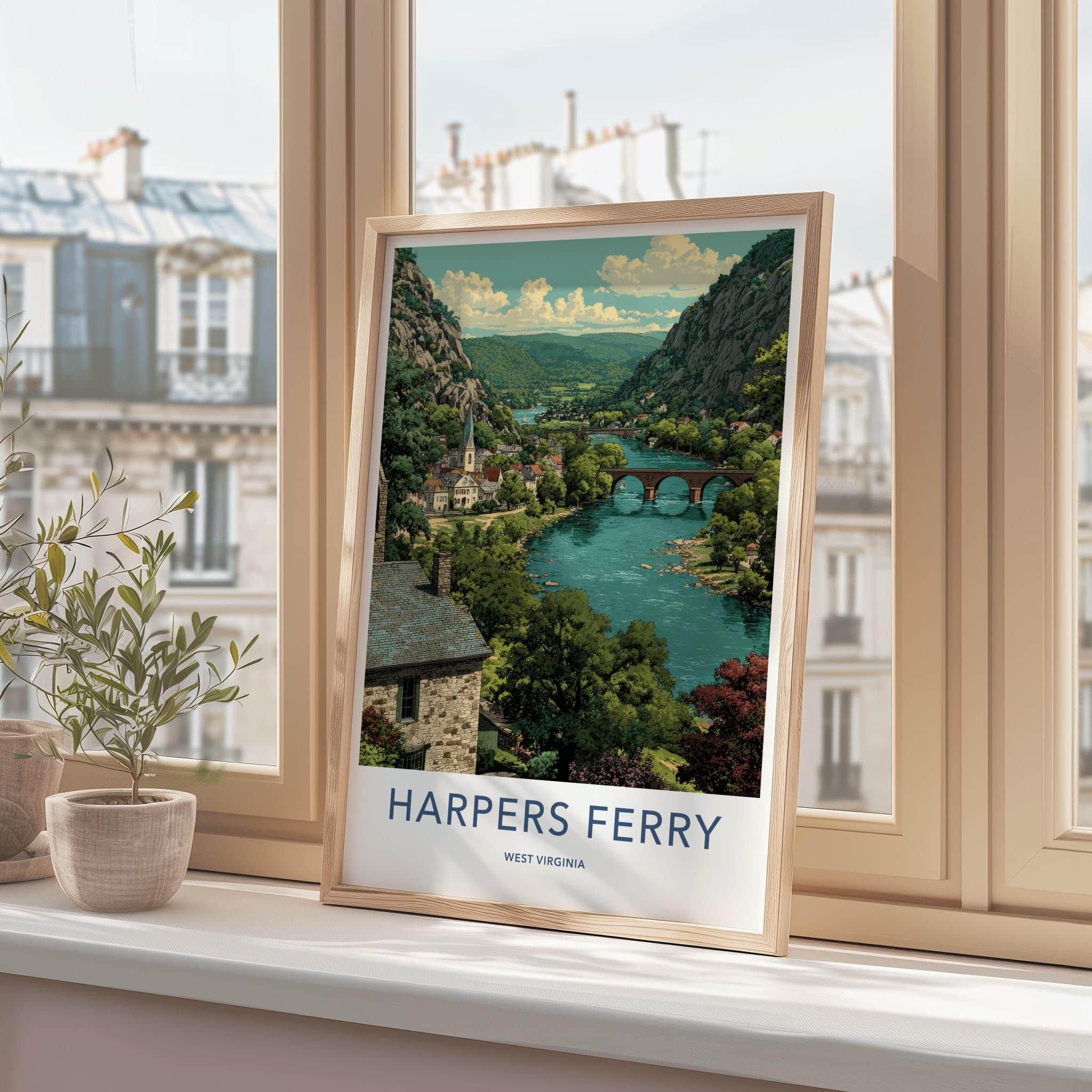 Harpers Ferry Poster - West Virginia Travel Art - Mountain River Town Home Decor