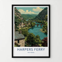 Harpers Ferry Poster - West Virginia Travel Art - Mountain River Town Home Decor