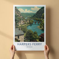 Harpers Ferry Poster - West Virginia Travel Art - Mountain River Town Home Decor