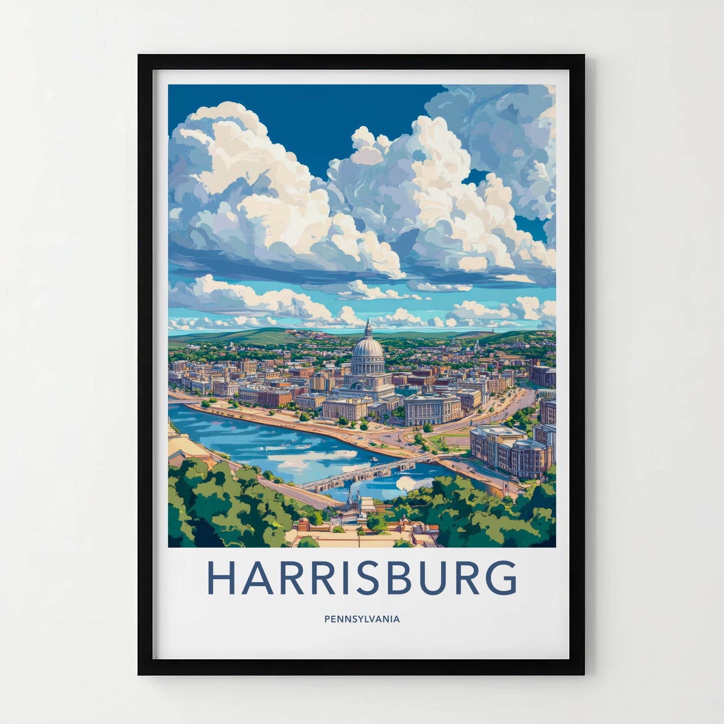 Harrisburg Poster - Pennsylvania Wall Art - Capitol river cityscape Home Decor