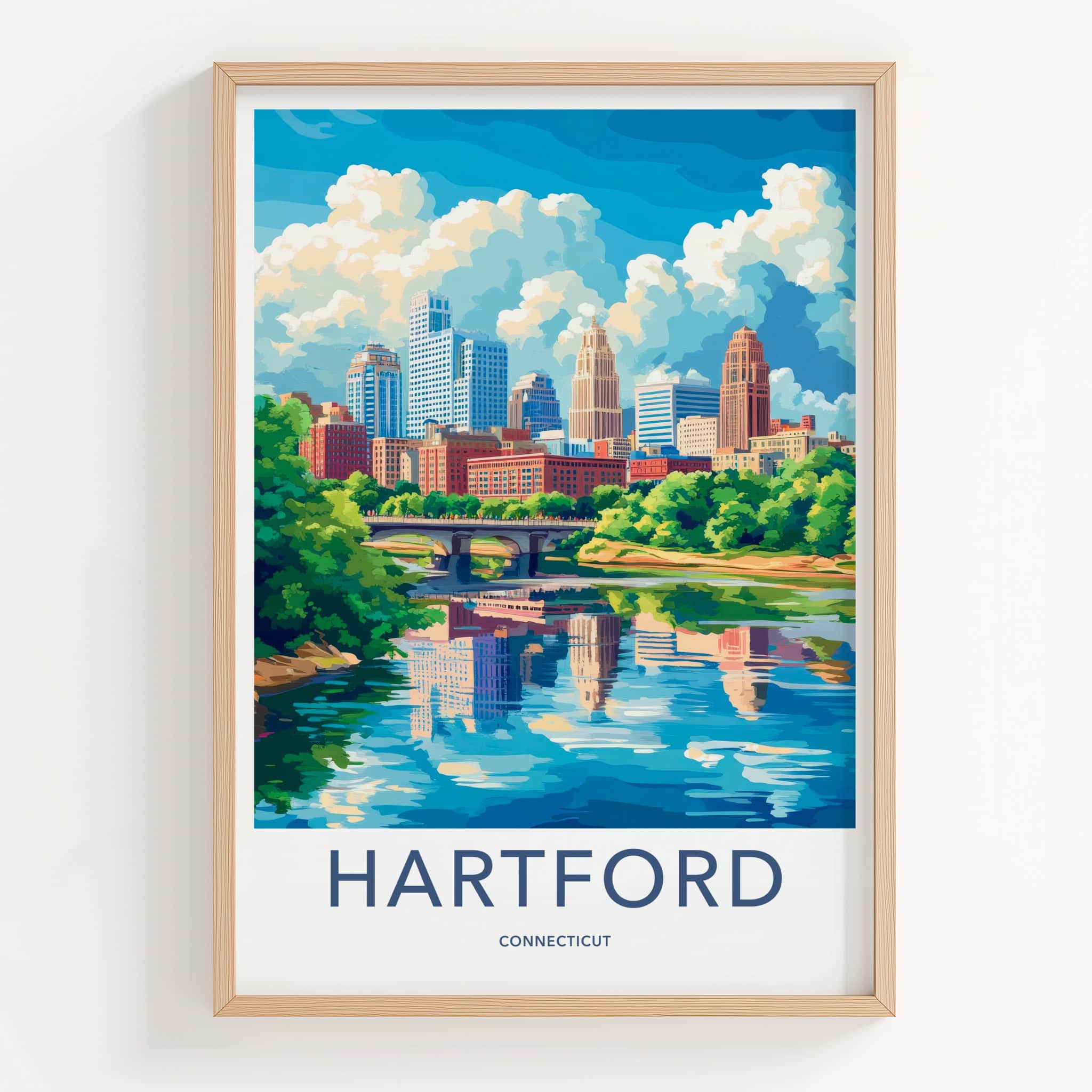 Hartford Poster - Connecticut Travel Art - Downtown River Scene Home Decor