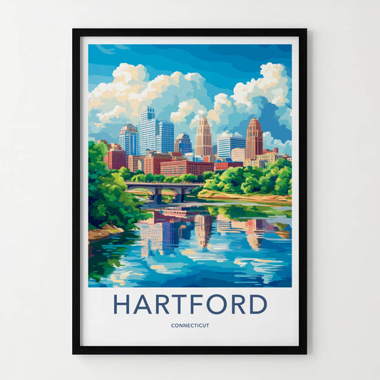 Hartford Poster - Connecticut Travel Art - Downtown River Scene Home Decor