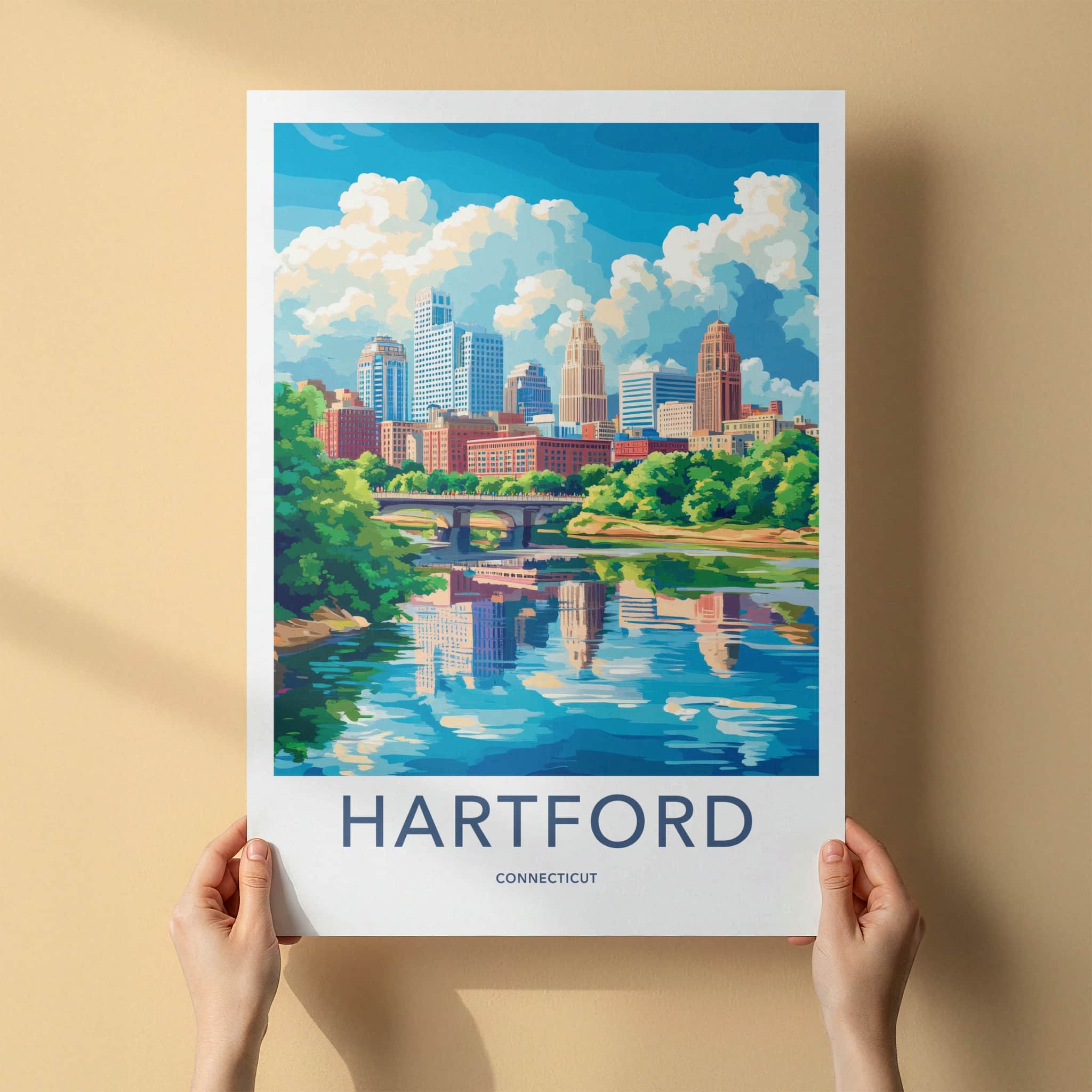 Hartford Poster - Connecticut Travel Art - Downtown River Scene Home Decor