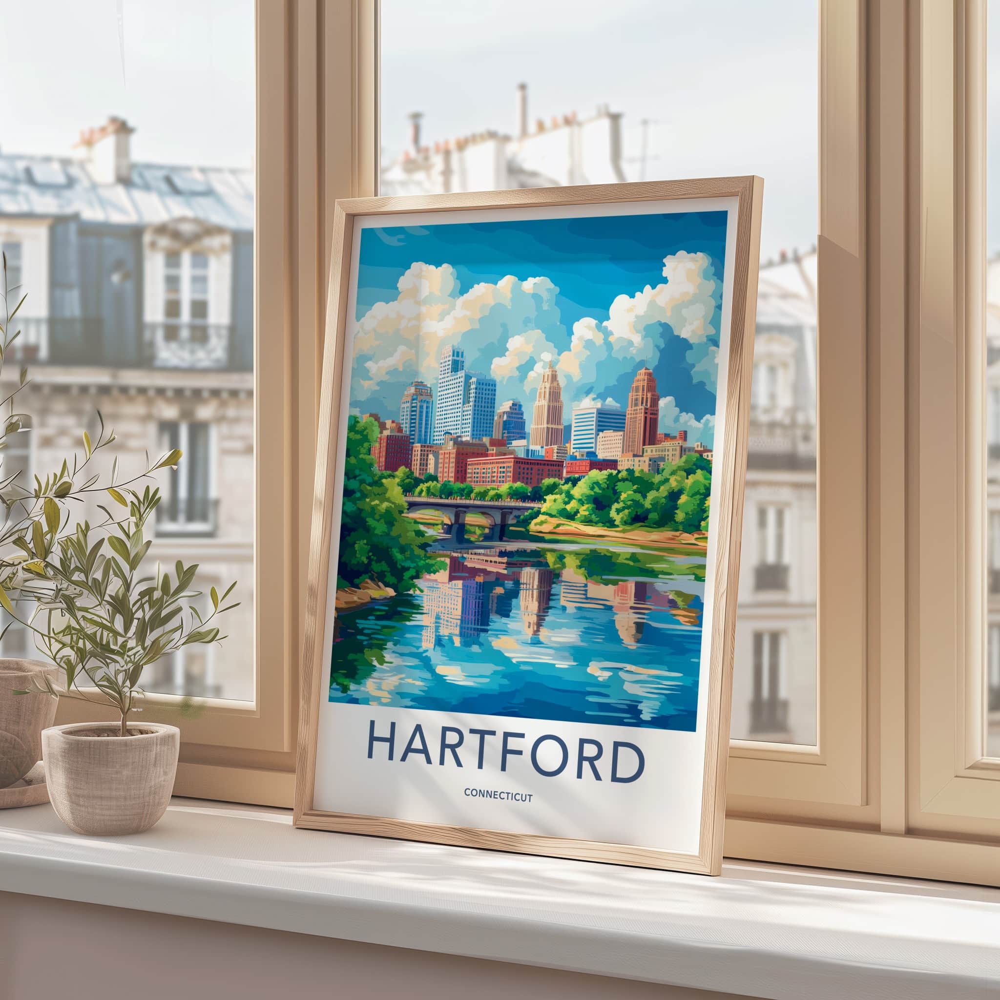 Hartford Poster - Connecticut Travel Art - Downtown River Scene Home Decor