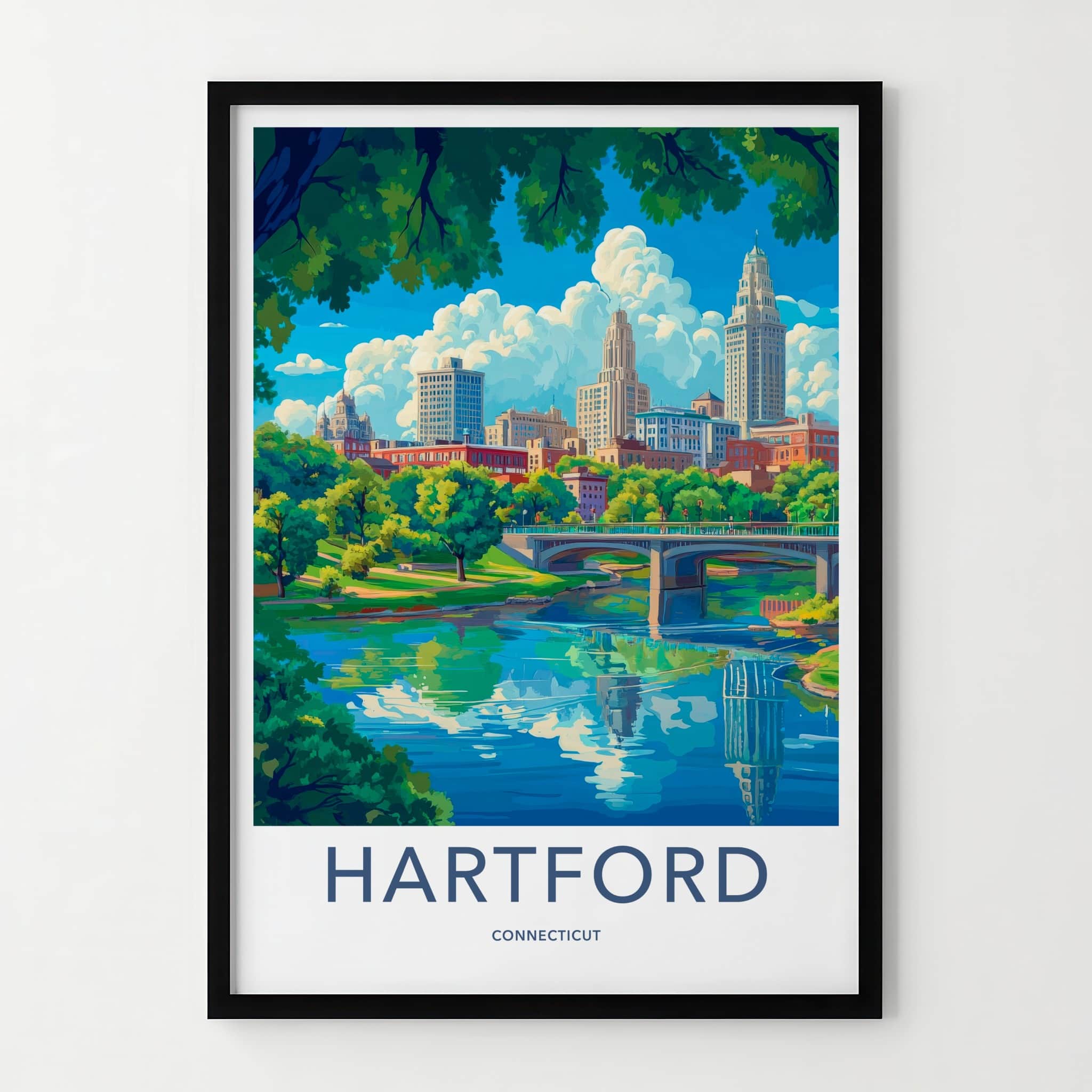 Hartford Poster - Connecticut Travel Art - Riverfront City Skyline Home Decor