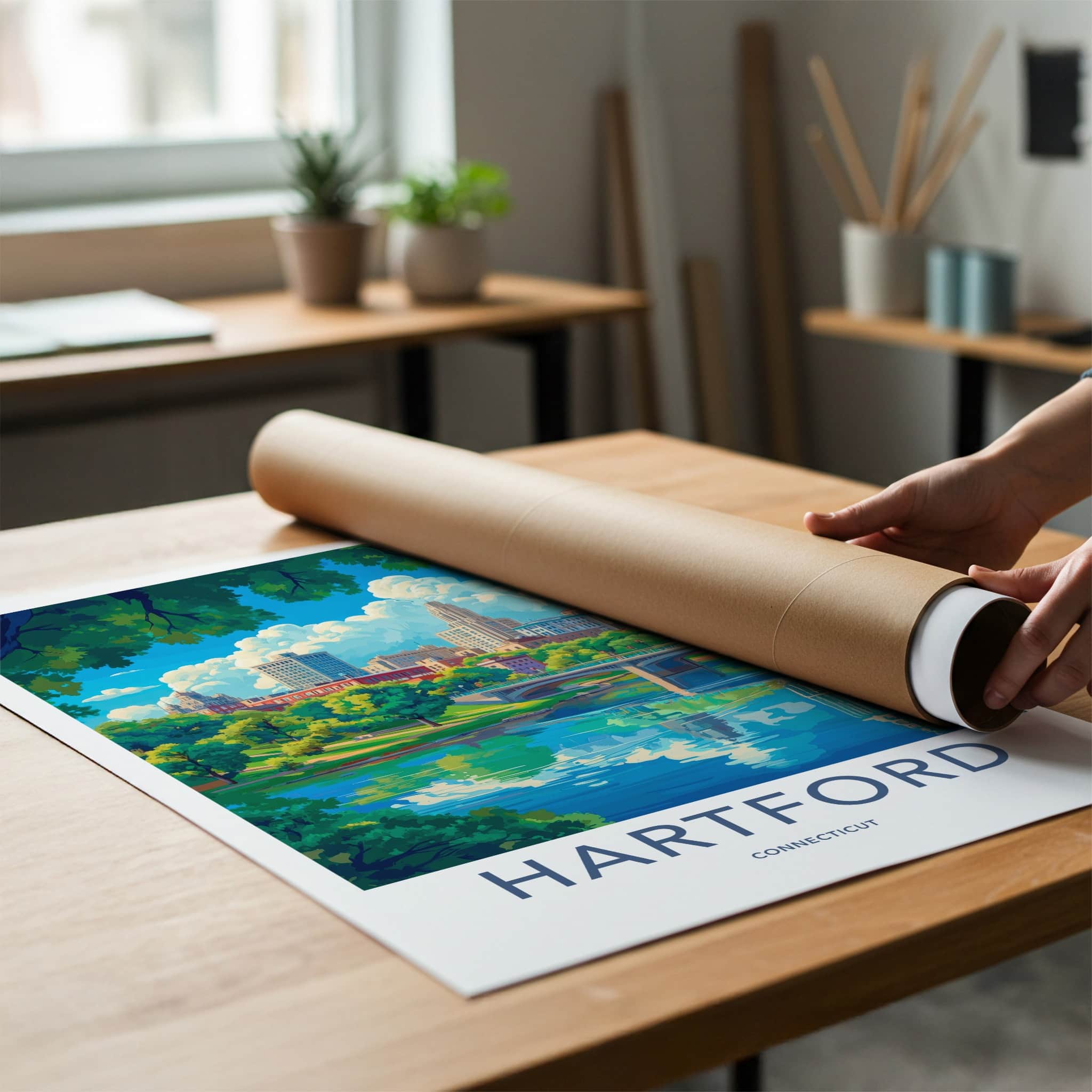 Hartford Poster - Connecticut Travel Art - Riverfront City Skyline Home Decor