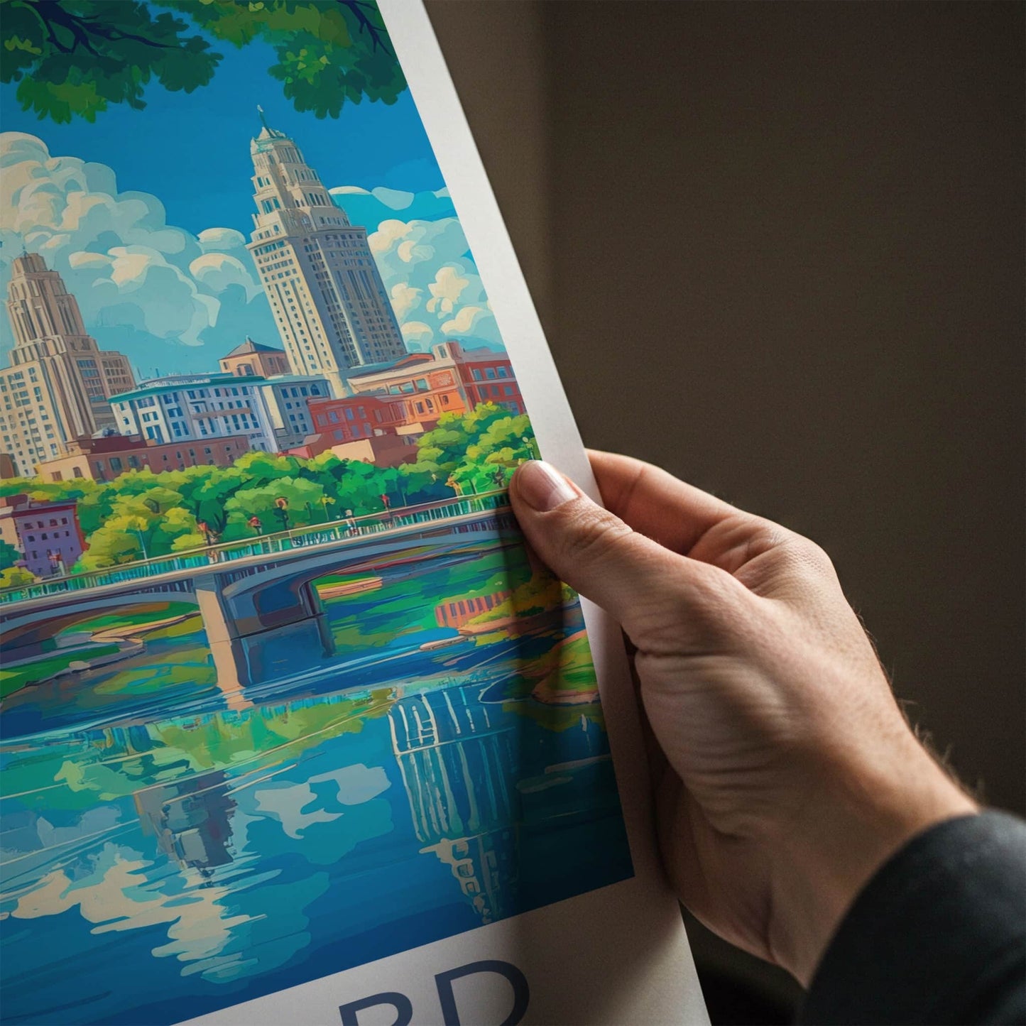 Hartford Poster - Connecticut Travel Art - Riverfront City Skyline Home Decor