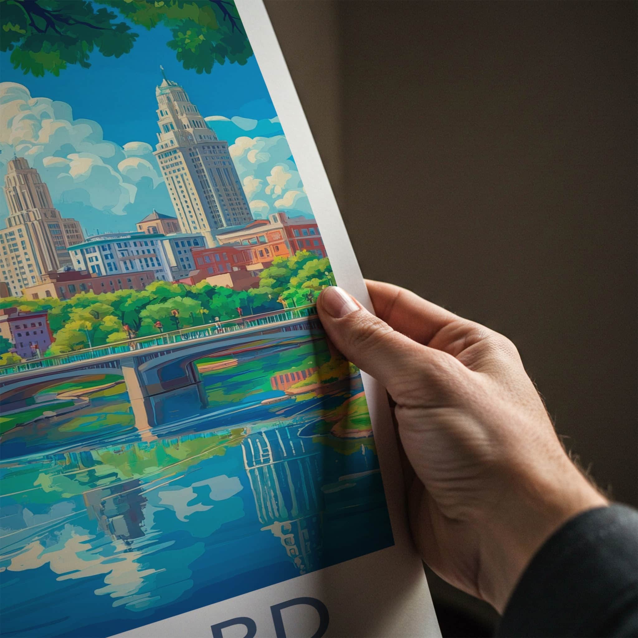Hartford Poster - Connecticut Travel Art - Riverfront City Skyline Home Decor