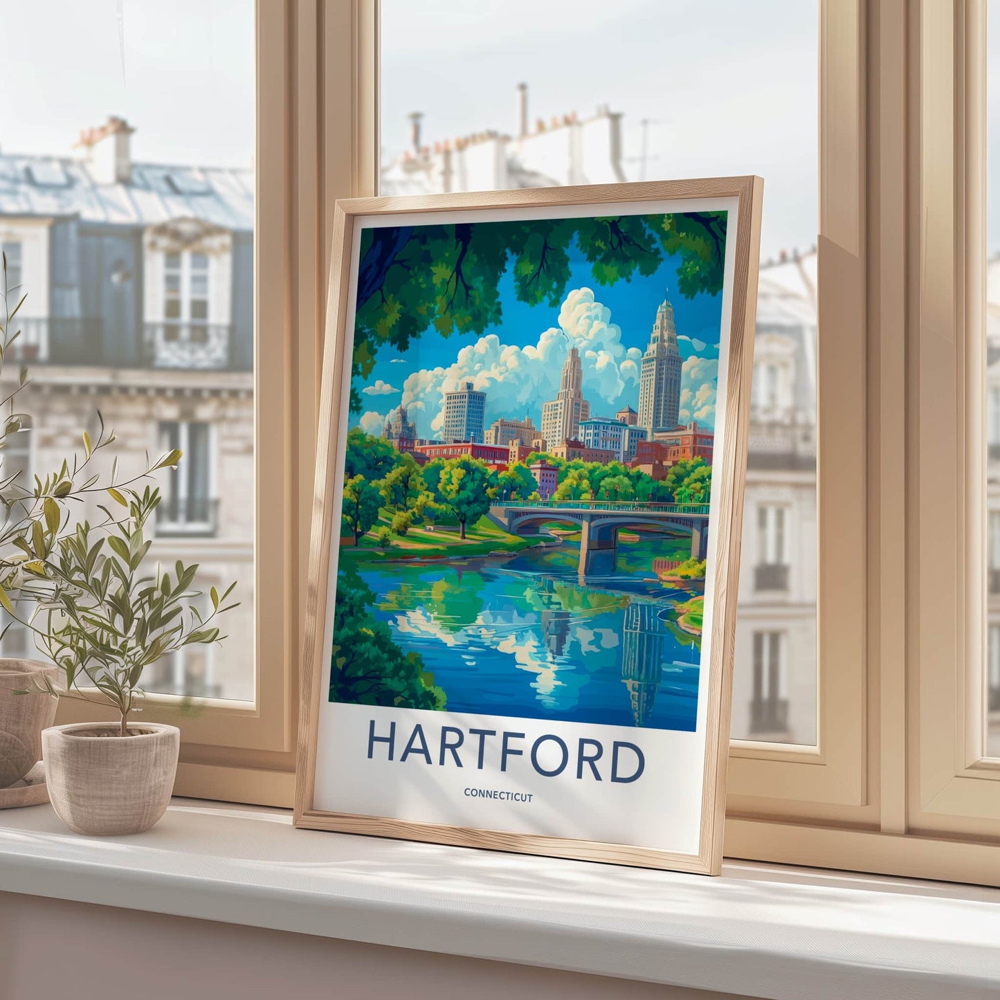 Hartford Poster - Connecticut Travel Art - Riverfront City Skyline Home Decor