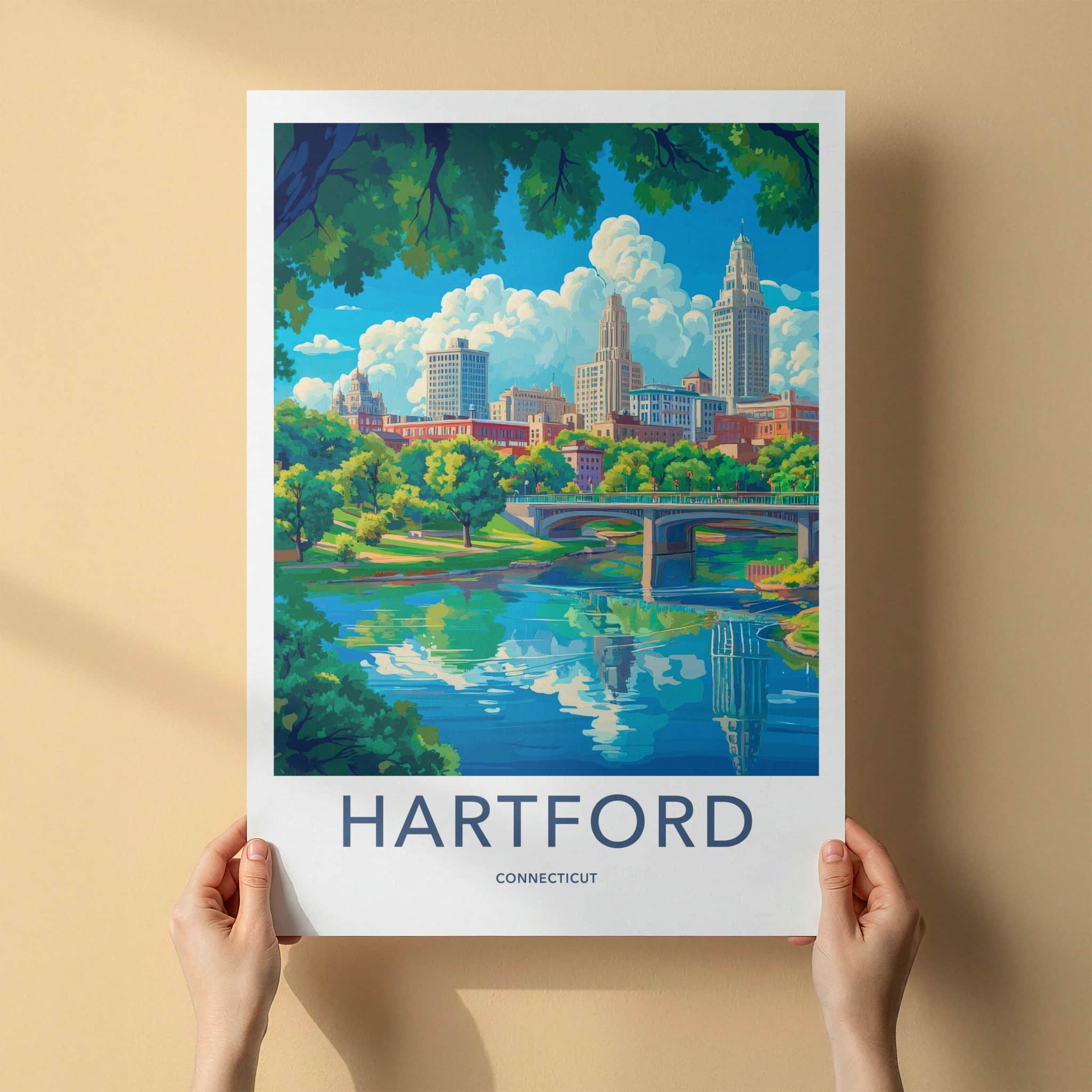 Hartford Poster - Connecticut Travel Art - Riverfront City Skyline Home Decor