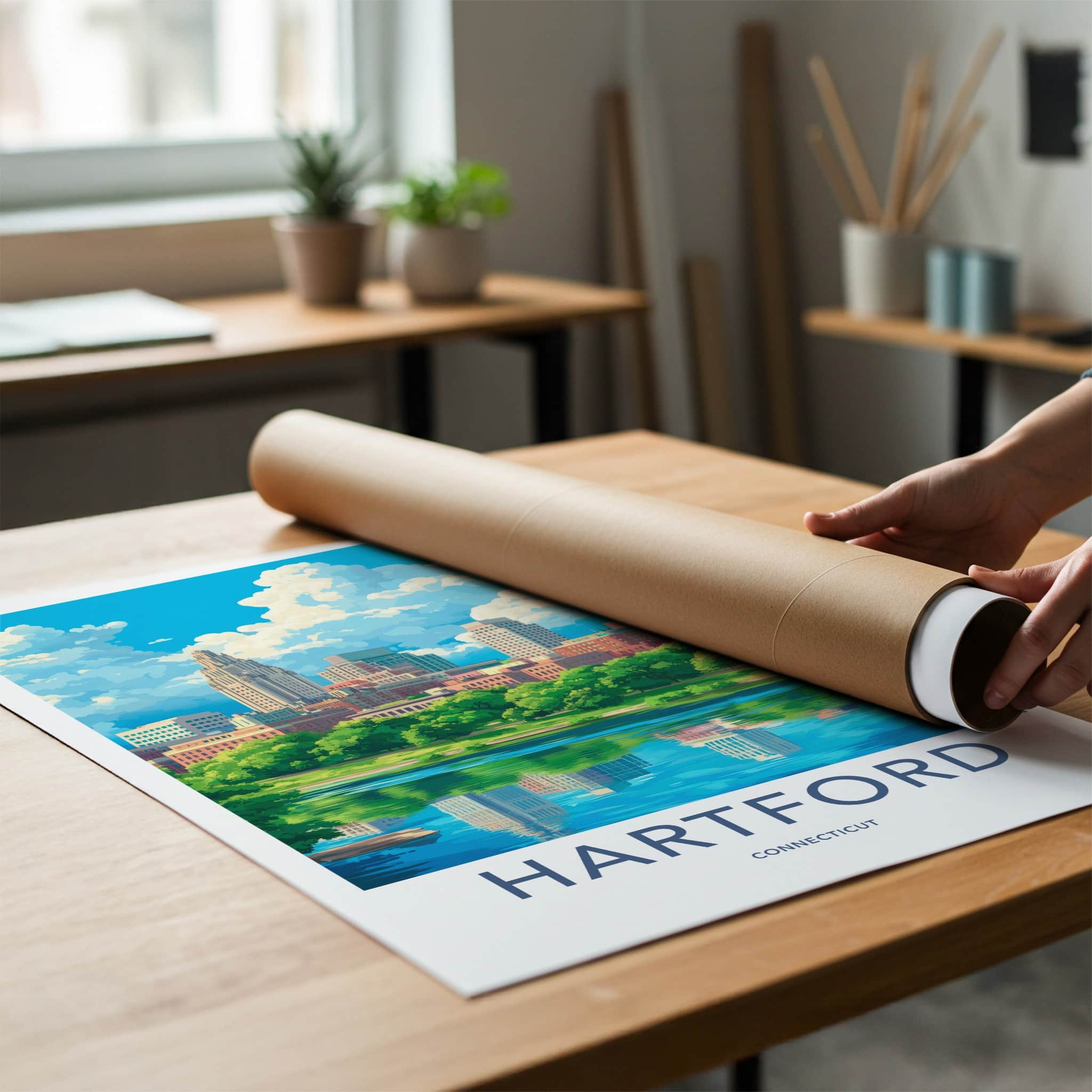 Hartford Poster - Connecticut Travel Art - Riverfront City View Home Decor