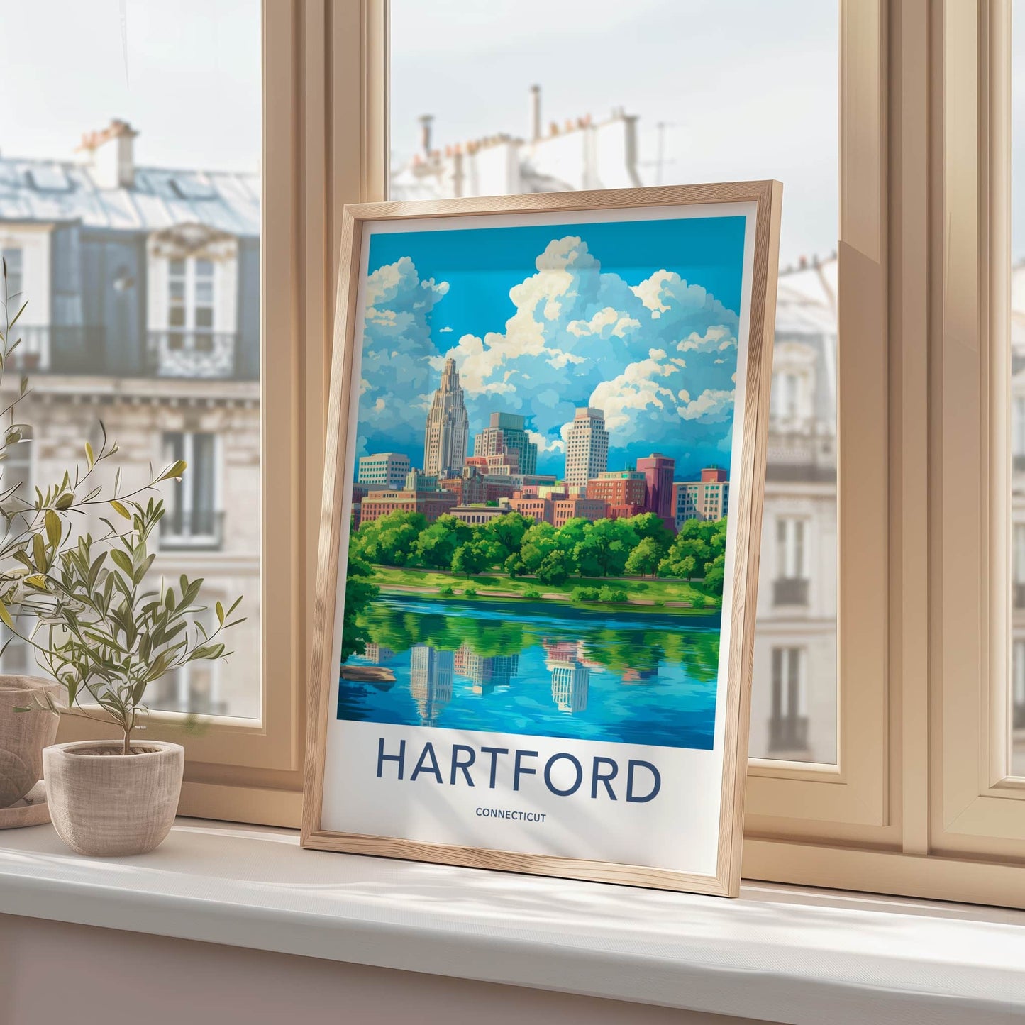 Hartford Poster - Connecticut Travel Art - Riverfront City View Home Decor