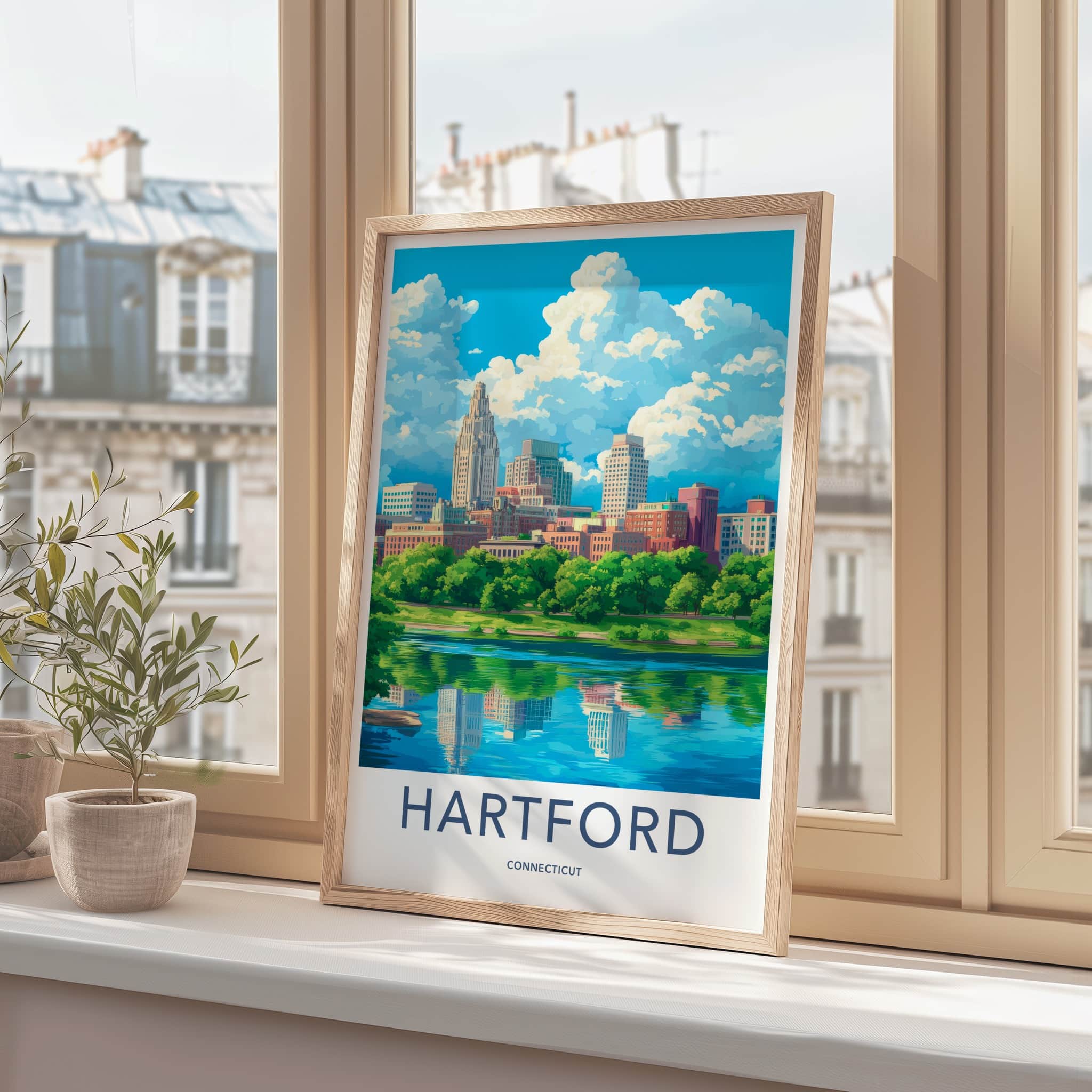 Hartford Poster - Connecticut Travel Art - Riverfront City View Home Decor