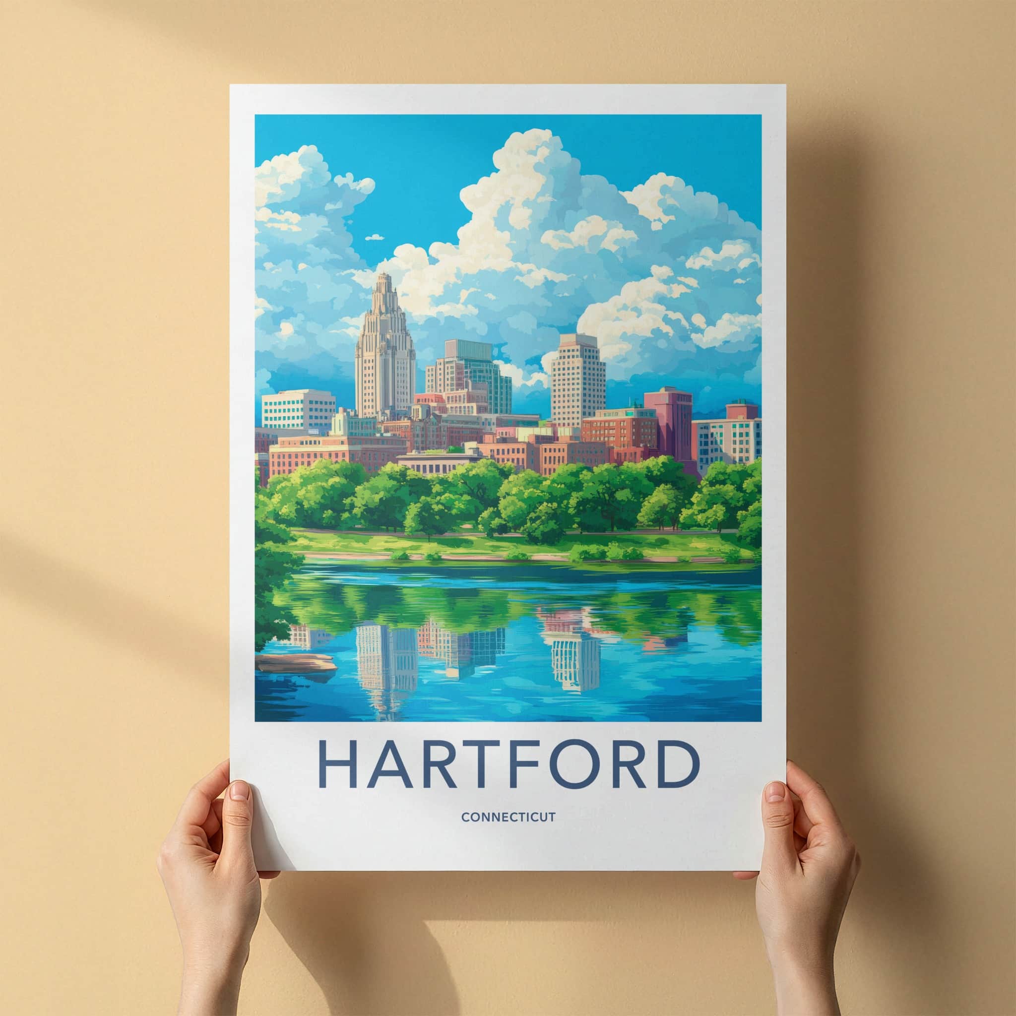 Hartford Poster - Connecticut Travel Art - Riverfront City View Home Decor