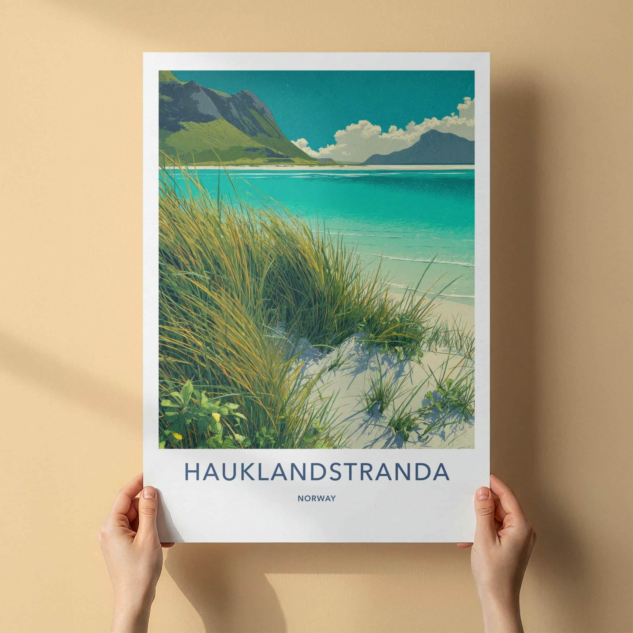 Hauklandstranda Poster - Norway Travel Print - Grassy Beach Dunes Wall Decor