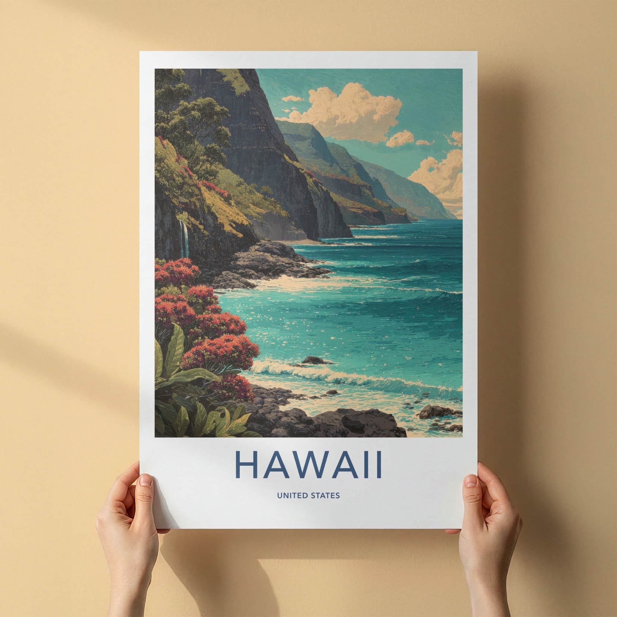Hawaii Poster - Hawaii Travel Art - Coastal Cliffs Blooms Home Decor