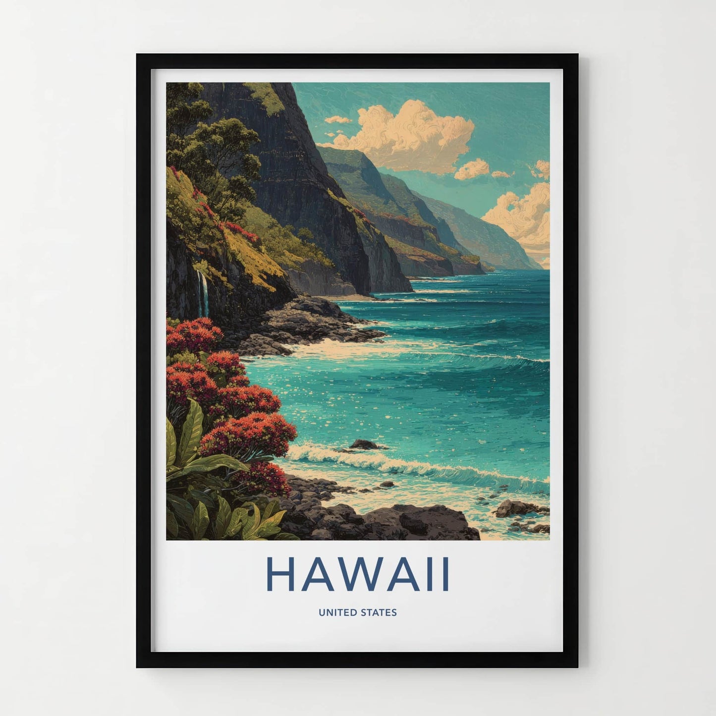 Hawaii Poster - Hawaii Travel Art - Coastal Cliffs Blooms Home Decor