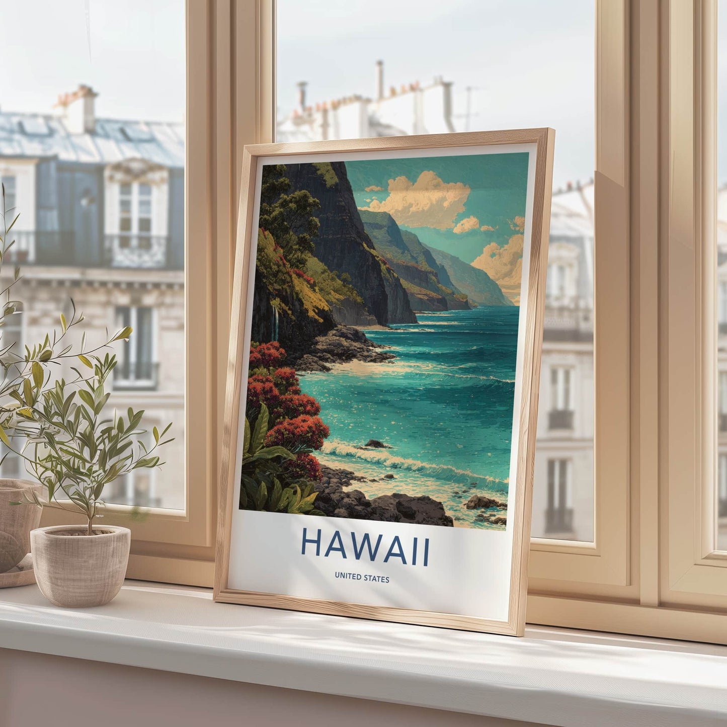 Hawaii Poster - Hawaii Travel Art - Coastal Cliffs Blooms Home Decor