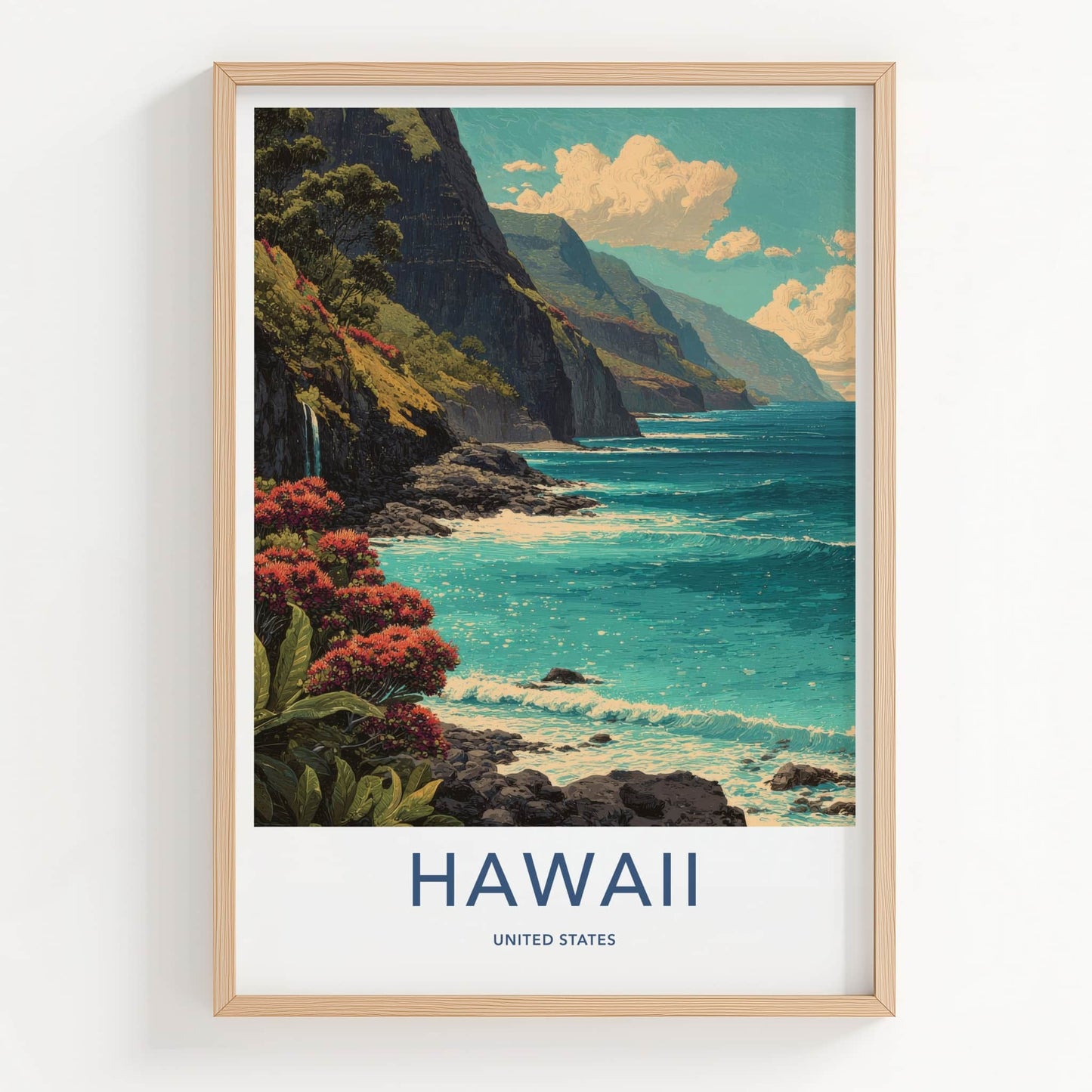 Hawaii Poster - Hawaii Travel Art - Coastal Cliffs Blooms Home Decor