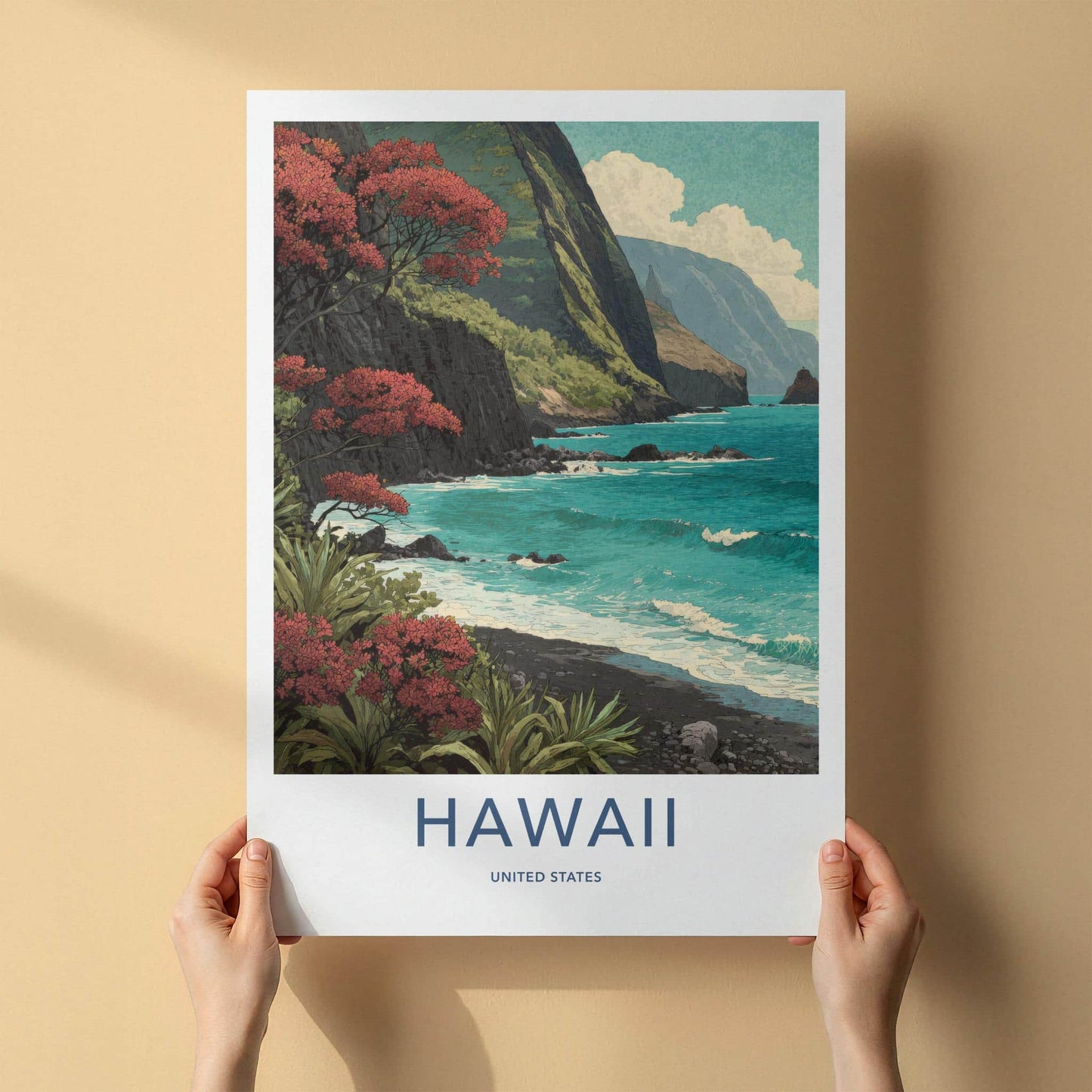 Hawaii Poster - Hawaii Travel Art - Flowering Cliff Ocean Wall Decor