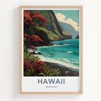 Hawaii Poster - Hawaii Travel Art - Flowering Cliff Ocean Wall Decor