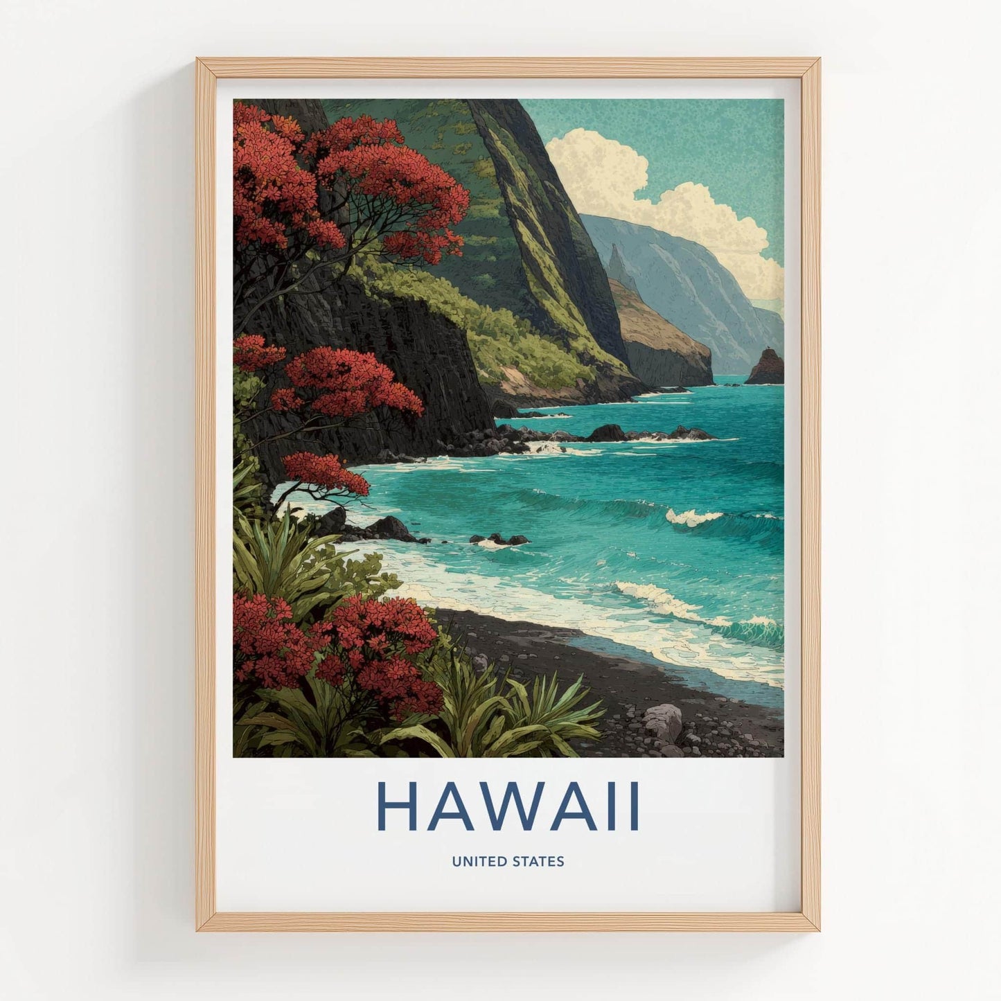 Hawaii Poster - Hawaii Travel Art - Flowering Cliff Ocean Wall Decor