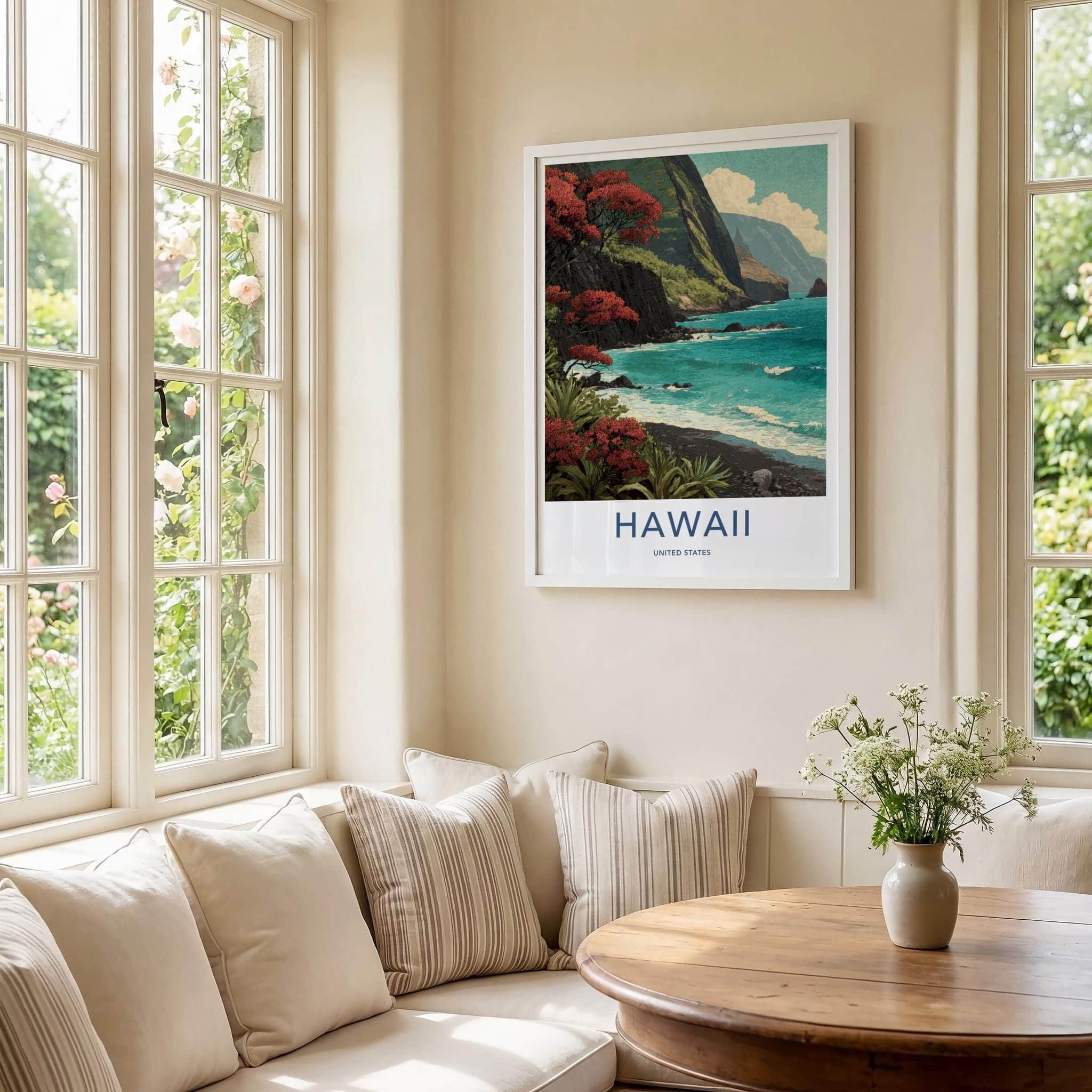 Hawaii Poster - Hawaii Travel Art - Flowering Cliff Ocean Wall Decor