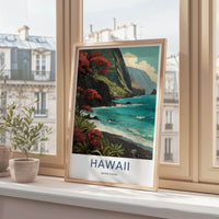 Hawaii Poster - Hawaii Travel Art - Flowering Cliff Ocean Wall Decor