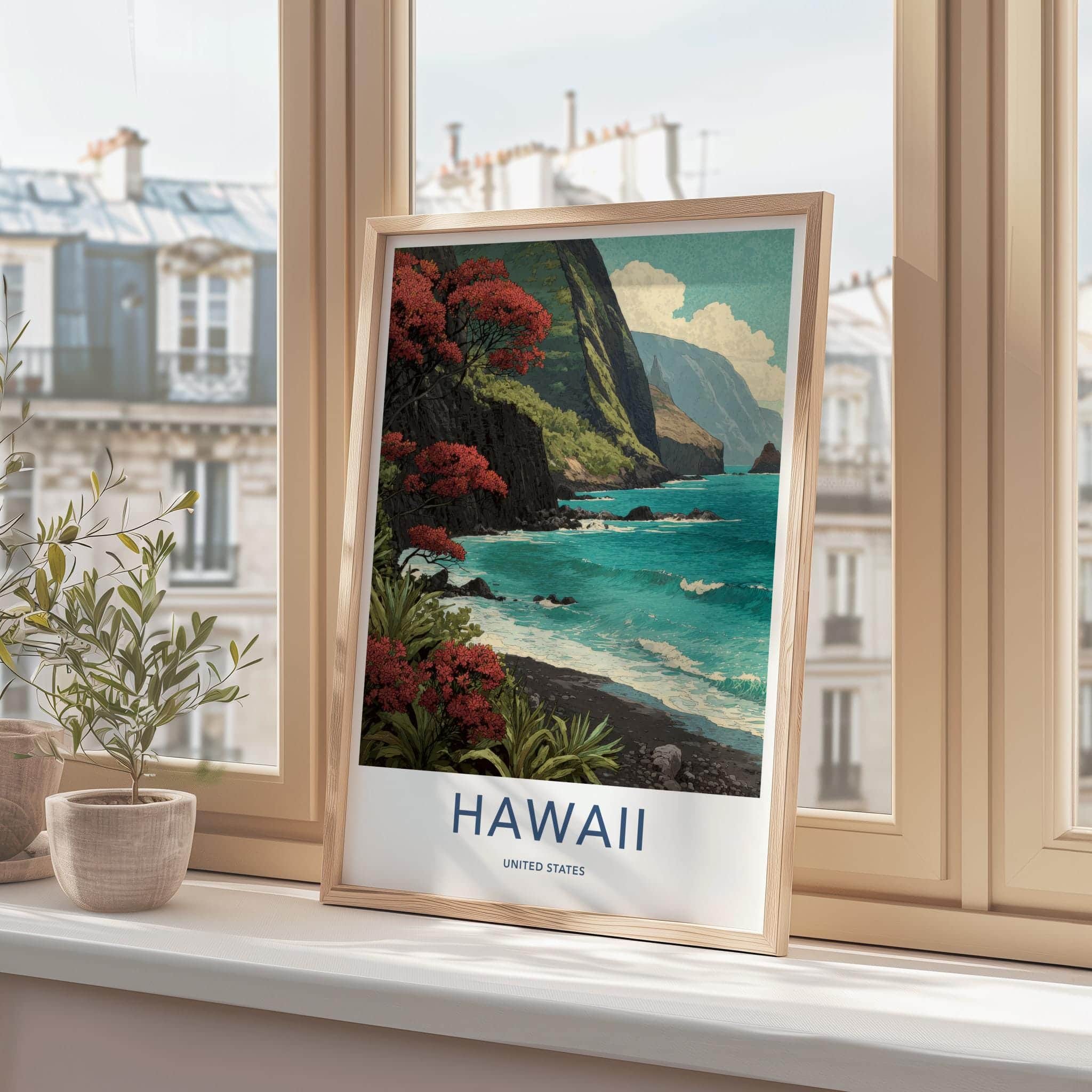 Hawaii Poster - Hawaii Travel Art - Flowering Cliff Ocean Wall Decor
